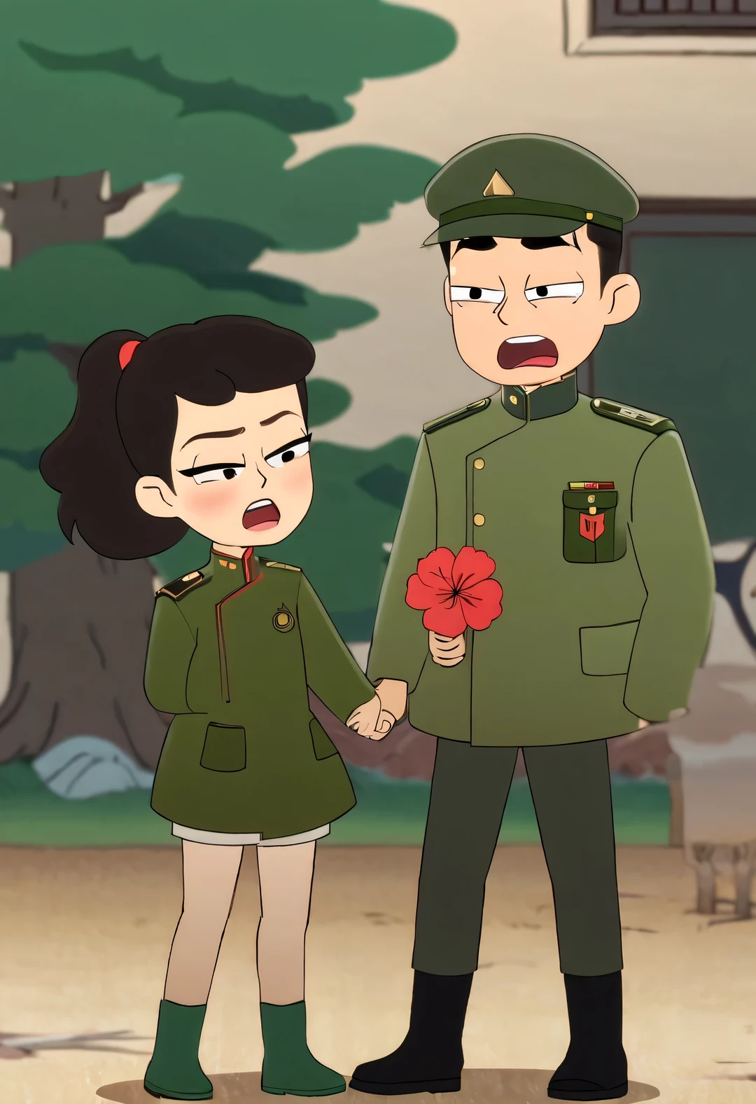 Chinese boy and littl couple arguing,Wearing the Northeastern red floral jacket and green military coat that will be popular in 2023