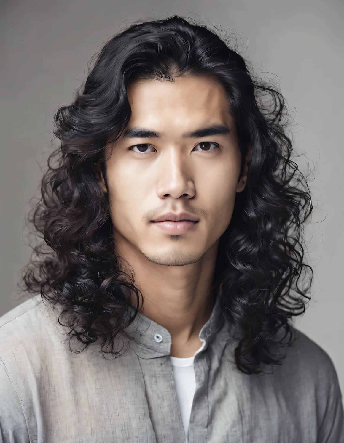 Portrait of an Asian man,face completely transparent,Long black curly hair,no beard,no beard,