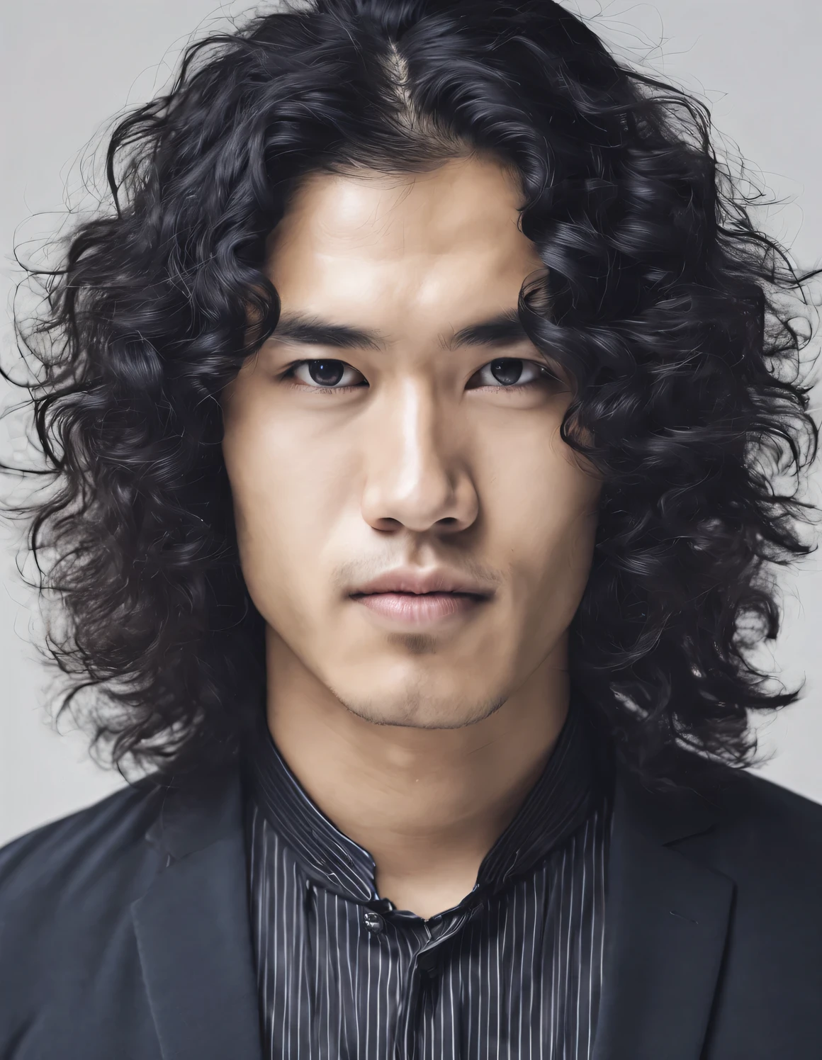 Portrait of an Asian man,face completely transparent,Long black curly hair,no beard,no beard,