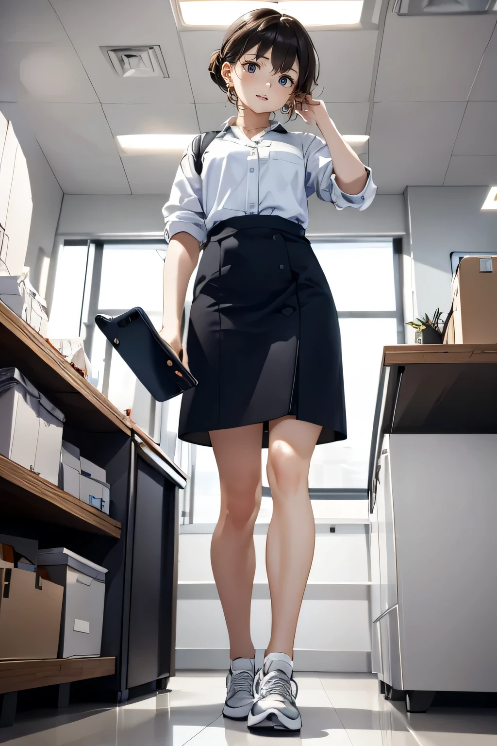 a receptionist woman, angle from below, drooping eyes, realistic skin, rugged sneakers, tiny earrings, bringing some documents, looking at her phone, break room in the office,