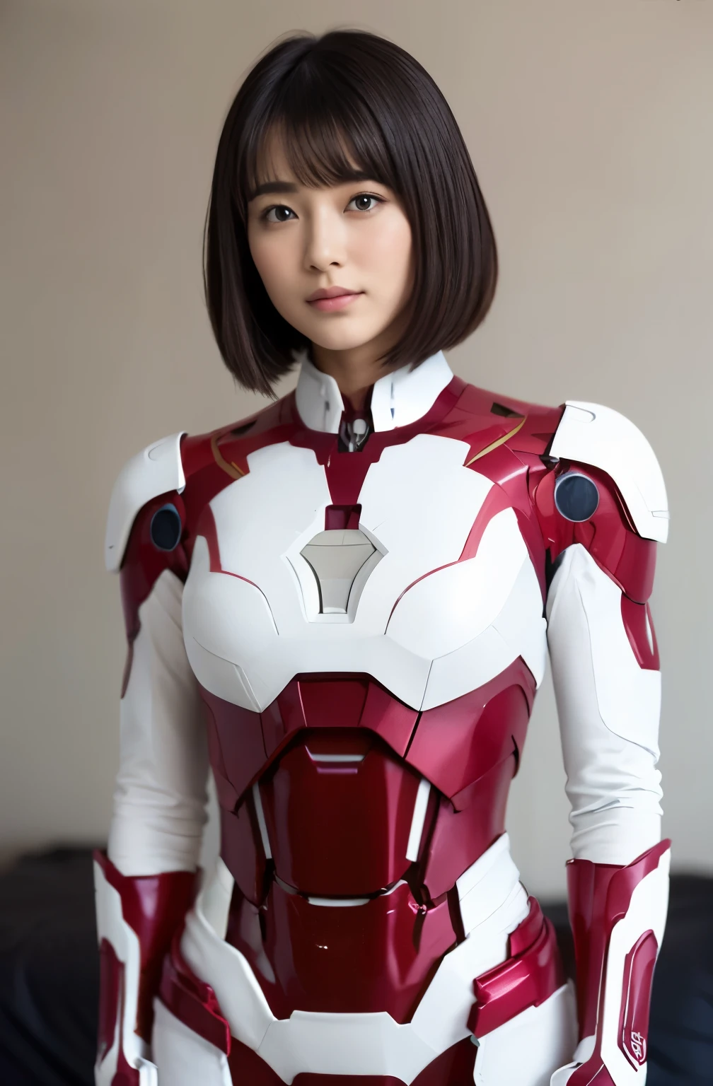 （super highest quality、In 8K、Masseter muscle part、delicate illustrations、Full body Esbian）,Wearing a dark pink and white Iron Man suit、A beautiful and bewitching Japanese 22-year-old woman、plump body、black haired、bob cut、slight smile、dynamic pose、Bedroom