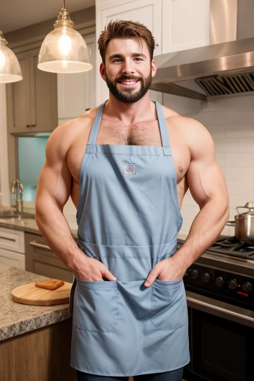 hairy(stocky) hot hunk, Chris Evans, chef, wearing apron, cooking, kitchen, beard, pubic hairs, dadbody, super hairy body, cute face, cute smile