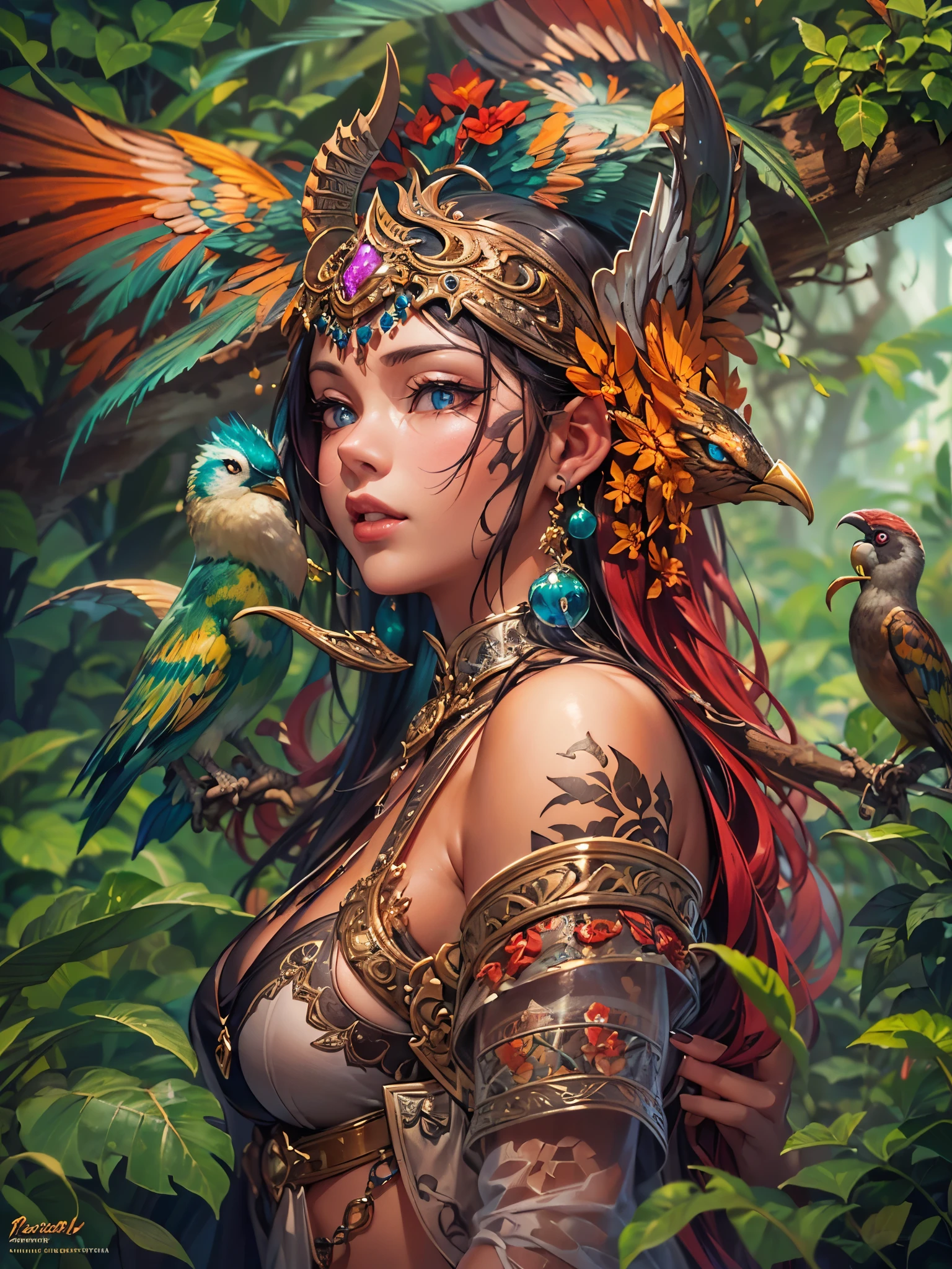 there is a woman (Adriana Lima :1.1) with a bird on her shoulder and a bird on her shoulder, karol bak uhd, artgerm detailed, style ivan talavera and artgerm, artgerm and wlop, 4k fantasy art, wlop and artgerm, artgerm julie bell beeple, fantasy style art
