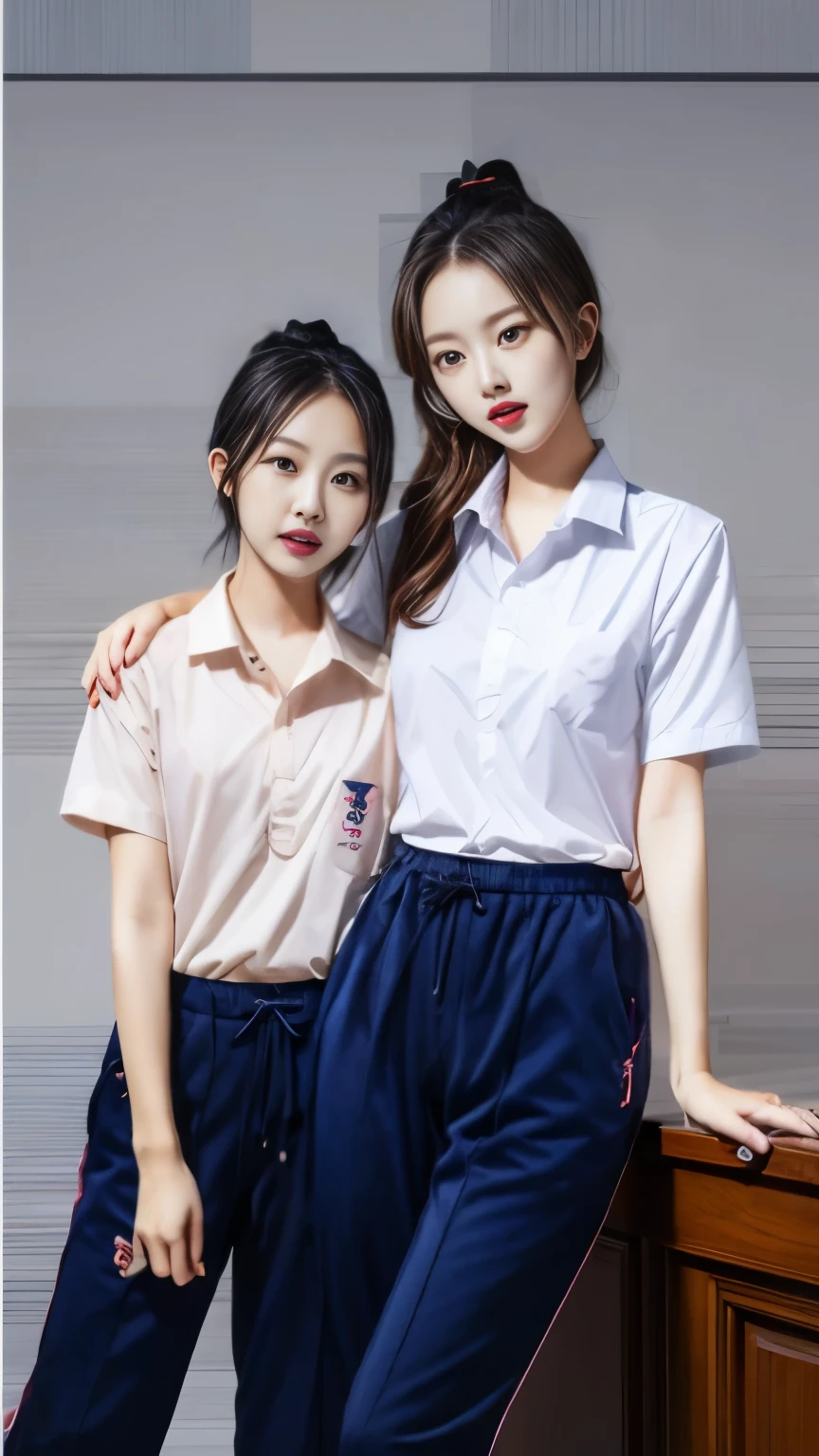 2 girls in the piano room, Short-sleeved shirt,Navy Long Trackpant,Age 25