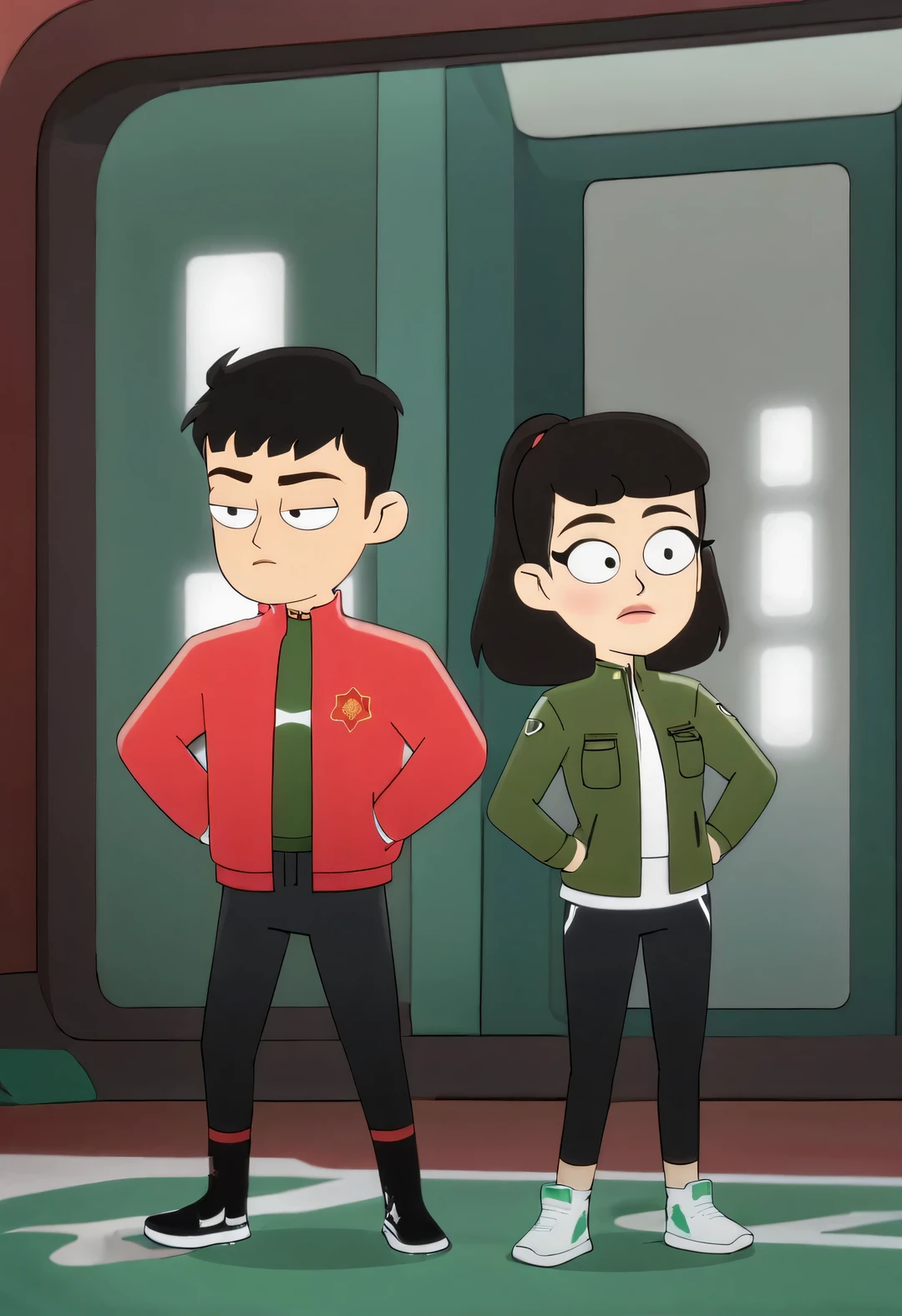 Chinese cute boy and little girl couple doing fitness,Wearing the Northeastern red floral jacket and green military coat that will be popular in 2023