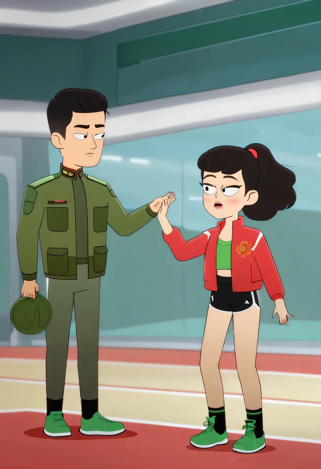 Chinese boy and littple doing fitness,Wearing the Northeastern red floral jacket and green military coat that will be popular in 2023
