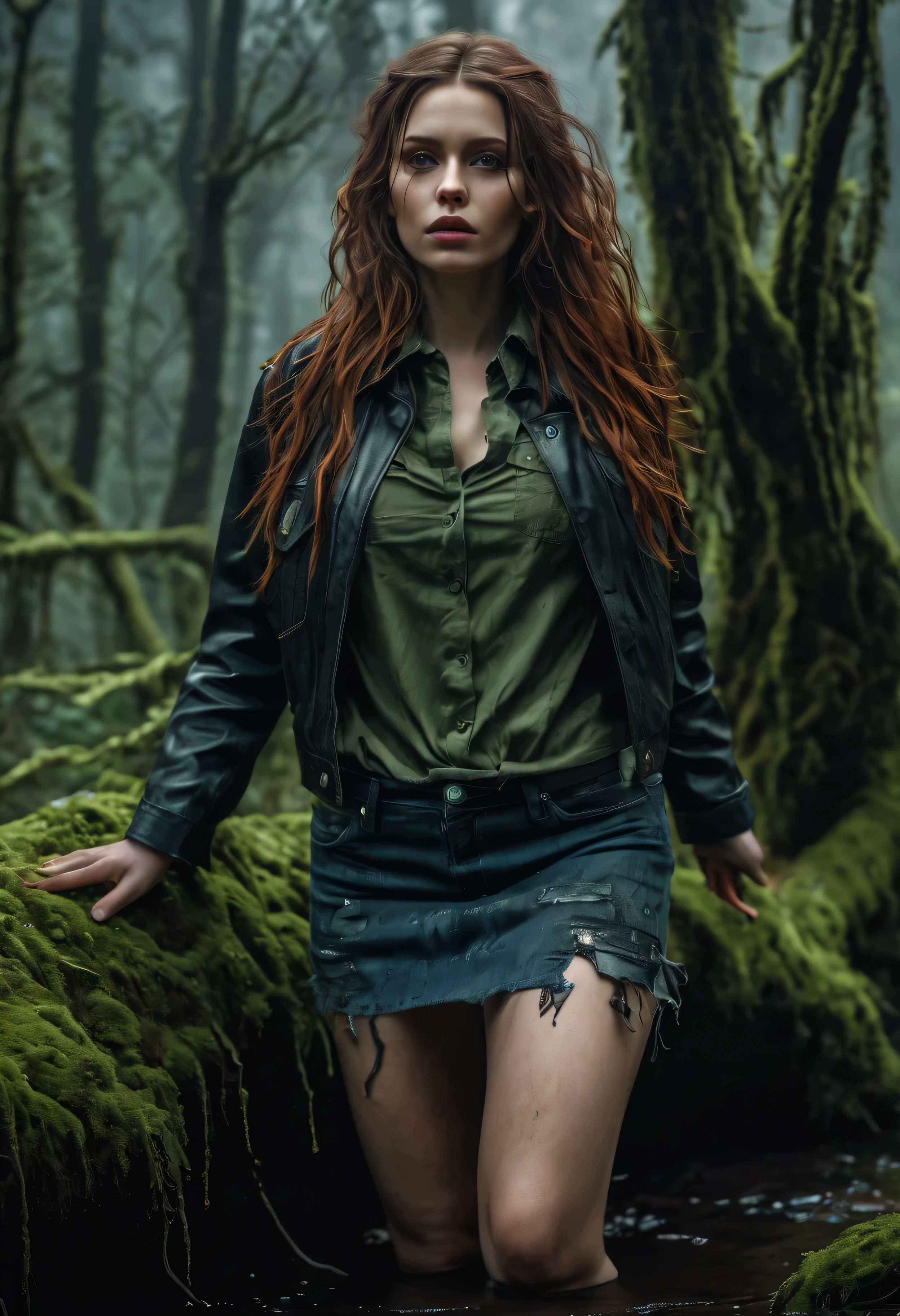 (best quality, 4k, ultra-detailed, realistic:1.37), HDR, ultra-realistic, studio lighting, physically-based rendering, high resolution, exquisite details, vibrant colors, bokeh, A woman drowns in a bog [Denim skirt], [lace stockings with garters], [leather jacket], long wavy hair, captivating green eyes, pale skin, a sense of fear and despair on her face, water dripping from her clothes, moss-covered trees and vegetation, murky and ominous atmosphere, swirling mist, low-key lighting with dramatic shadows, ethereal and haunting ambiance, distressed and gloomy setting.