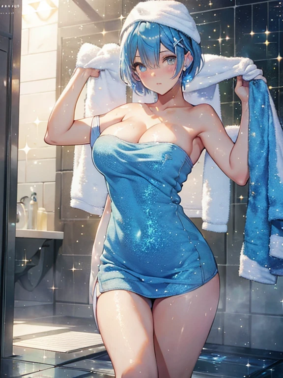 rem,re zero, Blue hair, Short bob hair, large_breasts, cleavage, 
masterpiece, best quality, 1 girl, skinny body, pastel color, curvy hair, (perfect face), blue and yellow eyes, (perfect face), detailed eyes, (towel dress:1.5), (glitter:1.5), luxury interior, bathroom, (blushed), (shy), portrait,steam, 