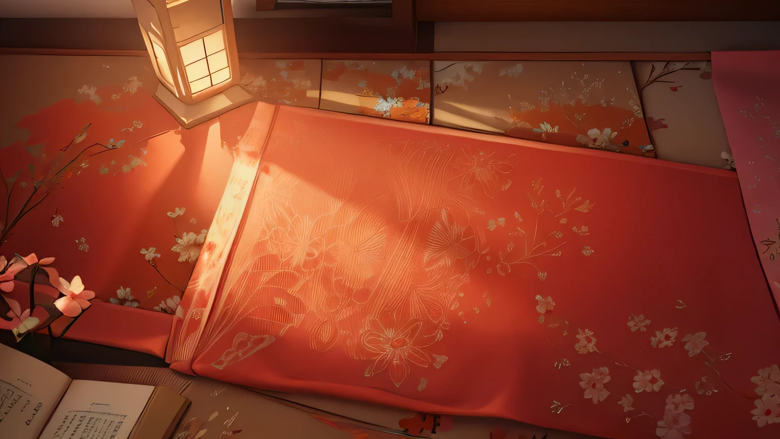 a lamp, top view,Soft light shines down from above, The light outside the window is soft, iphone wallpaper, afternoon light,Look from top to bottom,top view,Realistic soft lighting, background art, japanese manga, background art, Afternoon lighting, lighting study, Few details. number,top view,indoor,atmosphere,Tatami,indoortop view,A Japanese-style room,empty floor,Gauze curtains,Screen,petal,