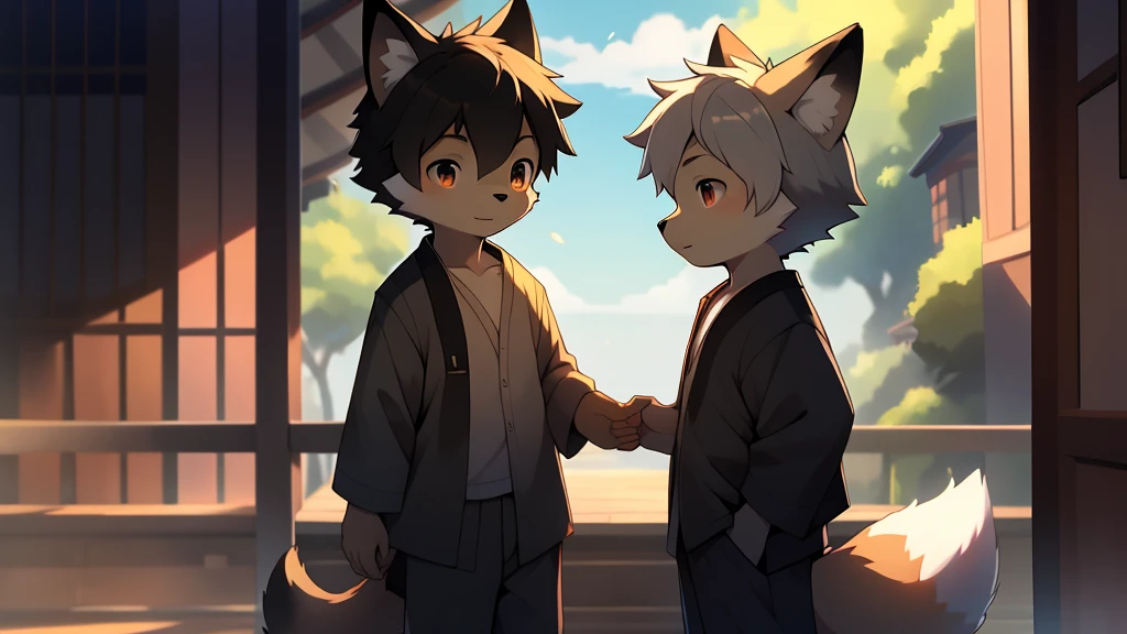 Kemono, furry, boy, fox_furry, short hair, shota, , chiaked, grey_fur, masterpiece, high-quality, male, boy, fluffy_grey_body, pajama