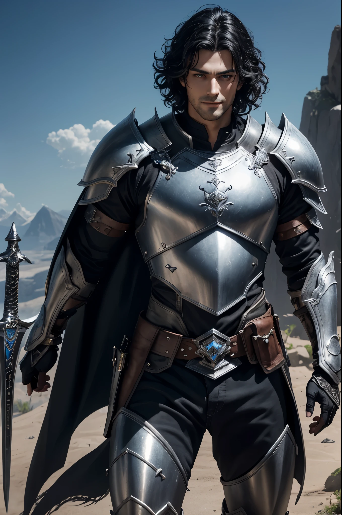 K,Photoreal,Raw photo(highest quality;1.4) ,(1 adult male),super handsome(lifelike face),Black hair semi-long perm,handsome prince with blue eyes,Black and silver armor,black and silver pants,glare,Equipped with a long and large sword on the waist,Wearing black leather gloves,Remains,Gweitz style,realistic,exact details,unreal engine,beautiful expression,Details of each part,Super high resolution.超realistic,attractive,foot armor,skin that looks real,Fantasy Emperor.ultra high resolution,Super realistic,fantasy art,character art,wilderness,smile,