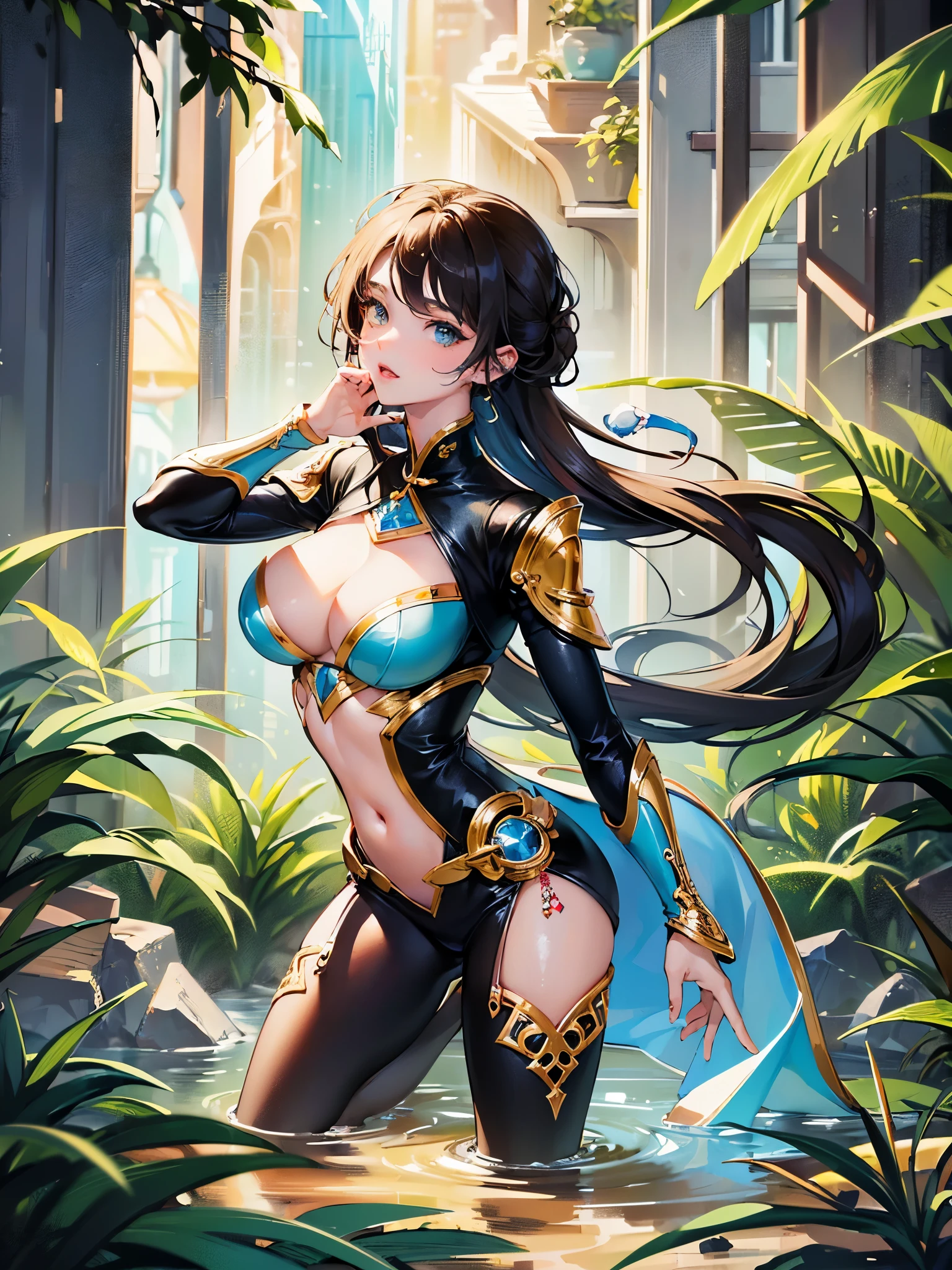 ((highest quality)),(ultra high resolution),(Super detailed),(detailed description),((best CG)),(best work of art),super precision art,great drawing art,(Fantasy art with precise details:1.5), (1 woman:1.6),beautiful and well-shaped face:1.6,wedge shaped tattoo:1.7,muscle:1.6, deep in the jungle:1.8,big colorful bird:1.6