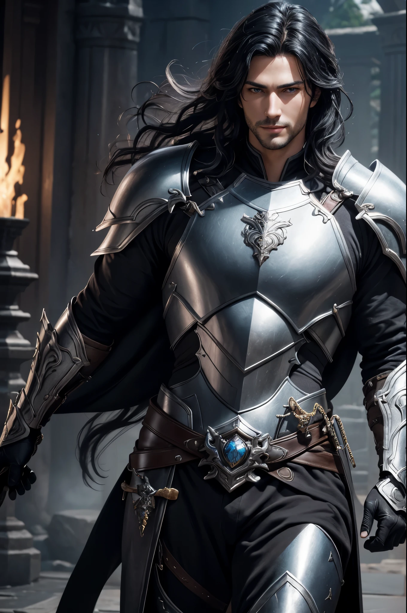 K,Photoreal,Raw photo(highest quality;1.4) ,(1 adult male),super handsome(lifelike face),Black hair semi-long perm,handsome prince with blue eyes,Black and silver armor,black and silver pants,glare,Equipped with a long and large sword on the waist,Wearing black leather gloves,Remains,Gweitz style,realistic,exact details,unreal engine,beautiful expression,Details of each part,Super high resolution.超realistic,attractive,foot armor,skin that looks real,Fantasy Emperor.ultra high resolution,Super realistic,fantasy art,character art,wilderness,smile,