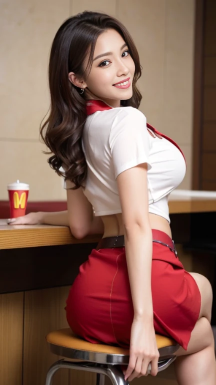 (photorealistic:1.4), highest quality, realistic, Super detailed, finely,( High resolution),( 8K)、 1 beautiful woman,, (Full body to toes:1.4)、(Rear view:1,3)、(buckshot:1.3)、(look back and smile) light brown messy hair、 ((McDonald's clerk))、((red mcdonalds uniform))、(red color short mini skirt)、(waist belt)、 perfect dynamic composition, beautiful and detailed eyes, thin hair, Detailed realistic skin texture, (toothy smile)、 model body shape、(big breasts、big ass)、(wearing high heels)、(sitting in a chair)、、(sexy pose、