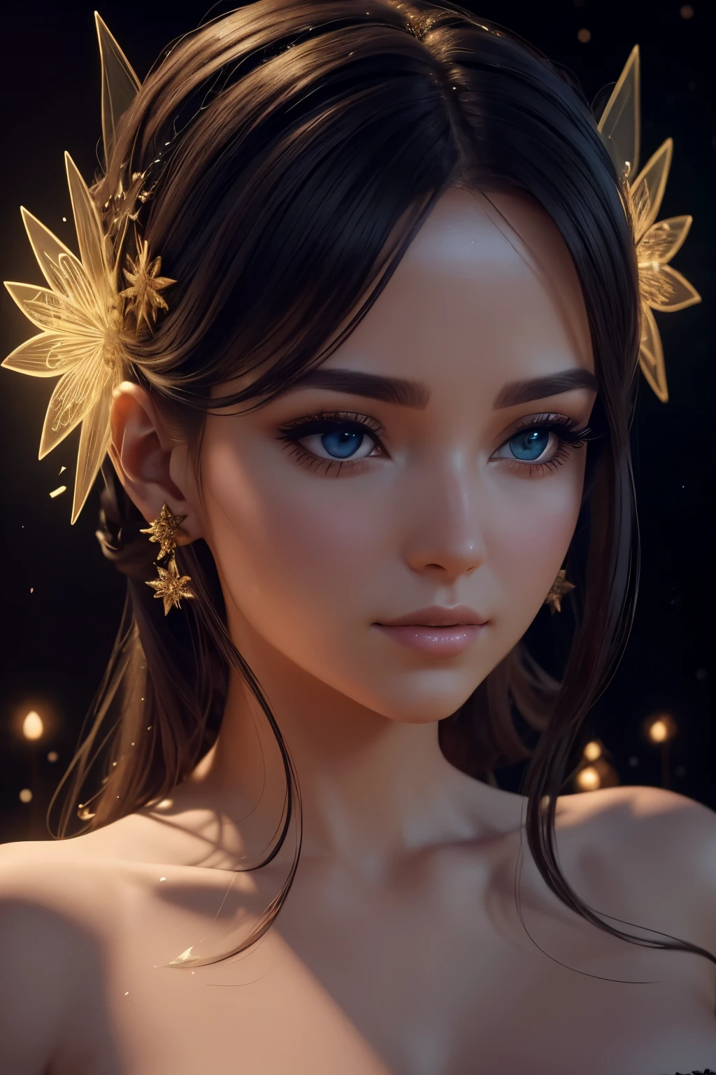 A stunning 3D render of a fairy Christmas flower that emits a captivating glow, delicately placed on a woman's face, creating a mesmerizing visual spectacle. The cinematic composition is expertly captured on a backdrop of black paper, enhancing the ethereal beauty of the scene.