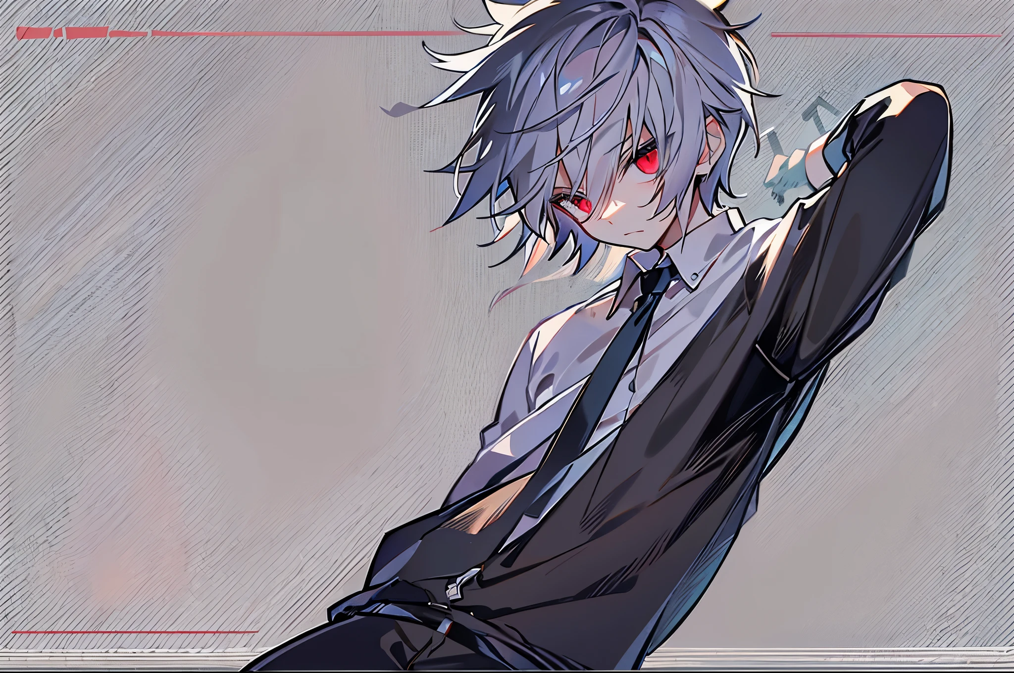 hight resolution,Anime boy with white hair and red eyes staring at camera, red eyes,slim, dressed in a black outfit,Shadow Body,,monochromes,hair messy,j邪悪な笑み,Diagonal angle