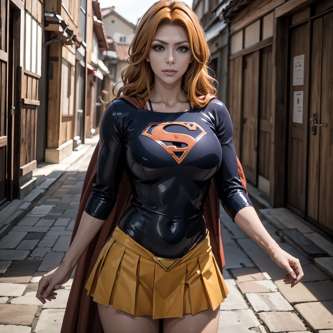 1 girl, matsumoto rangiku, pose de modelo sexy, foto de corpo inteiro, Seios enormes, Fundo da aldeia japonesa, Arte Oficial, orange hair, olhos azuis, cabelos longos, clivagem, cabelos ondulados, quimono preto aberto, Supergirl, capa vermelha, S do super-homem no peito, blue swimsuit, Red skirt, botas vermelhas, sorrir