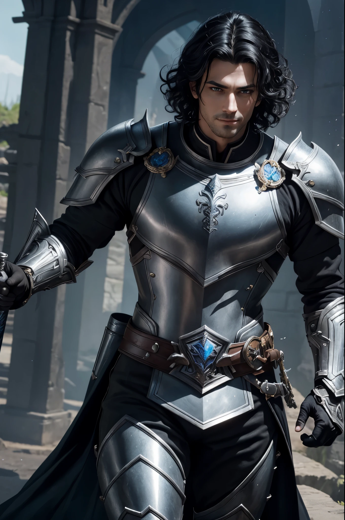 K,Photoreal,Raw photo(highest quality;1.4) ,(1 adult male),super handsome(lifelike face),Black hair semi-long perm,handsome prince with blue eyes,Black and silver armor,black and silver pants,glare,Equipped with a long and large sword on the waist,Wearing black leather gloves,Remains,Gweitz style,realistic,exact details,unreal engine,beautiful expression,Details of each part,Super high resolution.超realistic,attractive,foot armor,skin that looks real,Fantasy Emperor.ultra high resolution,Super realistic,fantasy art,character art,wilderness,smile,
