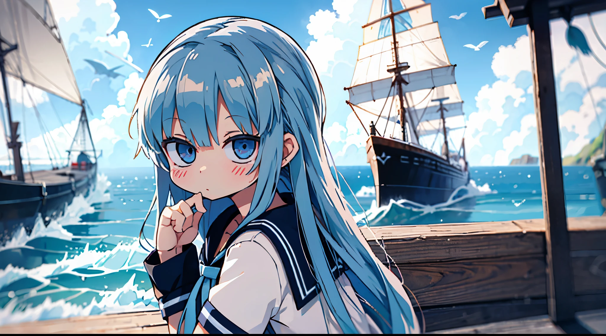 A girl posing cutely in front of a large sailing ship、Bokeh effect strong、Blue sky、cloud、Ocean