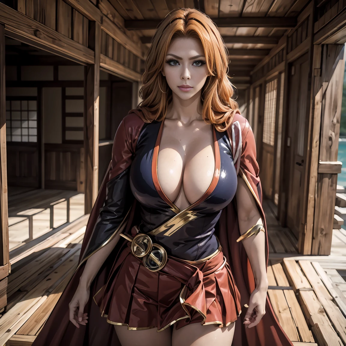 1 girl, matsumoto rangiku, pose de modelo sexy, foto de corpo inteiro, Seios enormes, Fundo da aldeia japonesa, Arte Oficial, orange hair, olhos azuis, cabelos longos, clivagem, cabelos ondulados, quimono preto aberto, Supergirl, capa vermelha, S do super-homem no peito, blue swimsuit, Red skirt, botas vermelhas, sorrir