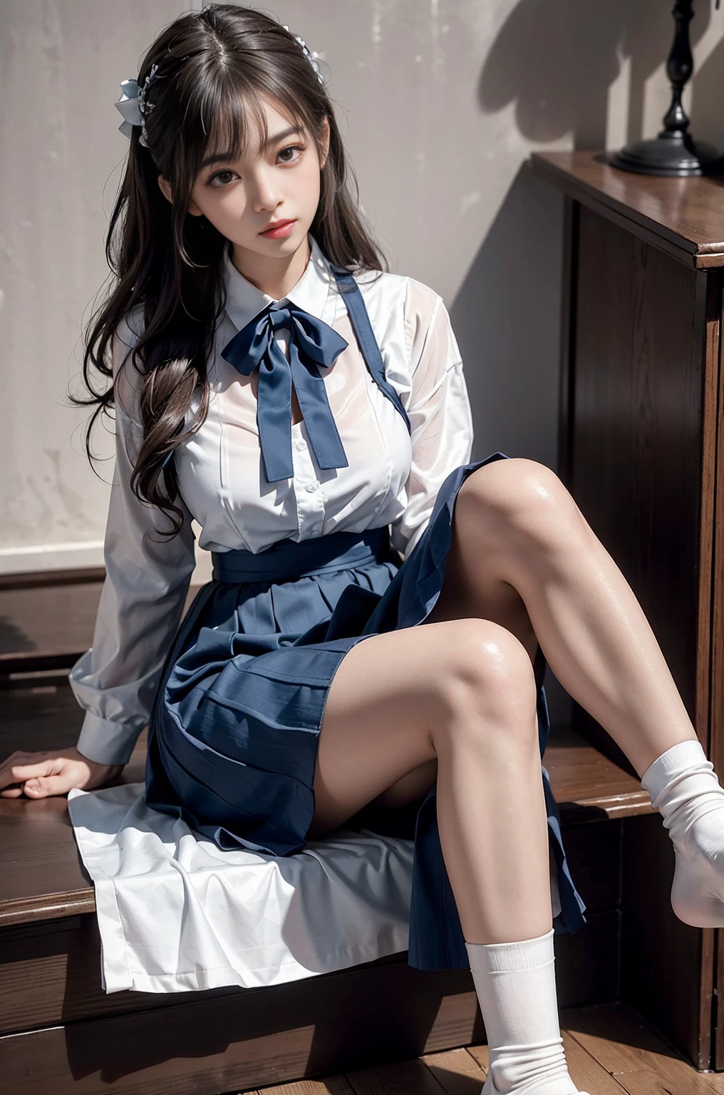 20 year old woman, (high top faded: 1.3), (low(low)), (soft focus), HD, masterpiece, HD, HD, 4K, 超HD, Very realistic shadows, Surrealism, 戏剧性的lamp光, a girl, alone, Detailed face, lifelike眼睛, lifelike皮肤, dynamic hair, dynamic poses, dynamic angle, (White shirt), (dark blue bow tie) , (((Dark blue long skirt)))), ((White hem socks))), library background, (original photo: 1.2), (lifelike: 1.4), beautiful and delicate woman, Extremely detailed eyes and face, beautiful and delicate eyes, File size is large, 一个Very detailed的, high resolution, Very detailed, best quality, (bright interior), (soft light), (low对比度), ( See deeply), (Portrait of a beautiful woman illuminated by soft light), (Very delicate and elegant depiction), (short bangs), (Head color is dark chestnut，Slightly brownish), (Subtle and silky waves), (long hair两侧错综复杂地编织小辫子), ((White hem socks))), illustration, Very detailed, BAPV, unity, 8k wallpaper, amazing, Exquisite details, best quality, Highly detailed integrated 8K wallpapers so far this year, Coordinating Minister, lamp, 1 girl, 25 years old, (((No)), (camel toe), (half), (Sit on bent knees and legs)), long hair, dark theme, soothing tone, pastel colors, high contrast, (natural skin texture, Surrealism, soft light, No耐烦), Capturing the serene beauty of a young woman immersed in the peaceful atmosphere of a library.. Soft diffused light gently illuminates her features., It emphasizes her sophisticated look and creates a calm atmosphere. Library shelves filled with books，Provide background on knowledge and wisdom. It focuses on capturing models&#39;Natural charm and elegance, Stay calm and considerate the essence of the moment. Cute 21 year old Japanese gravure model，Soft body, gray brown wavy hair, Decorate with ribbon, charming appearance. She wears a frilly white blouse, Blue ruffled skirt and white ruffled socks. sitting on bed, She hugged her knees，Staring at the camera, Exudes melancholy charm. Create scenes where beauty and ephemerality intertwine, national foundation