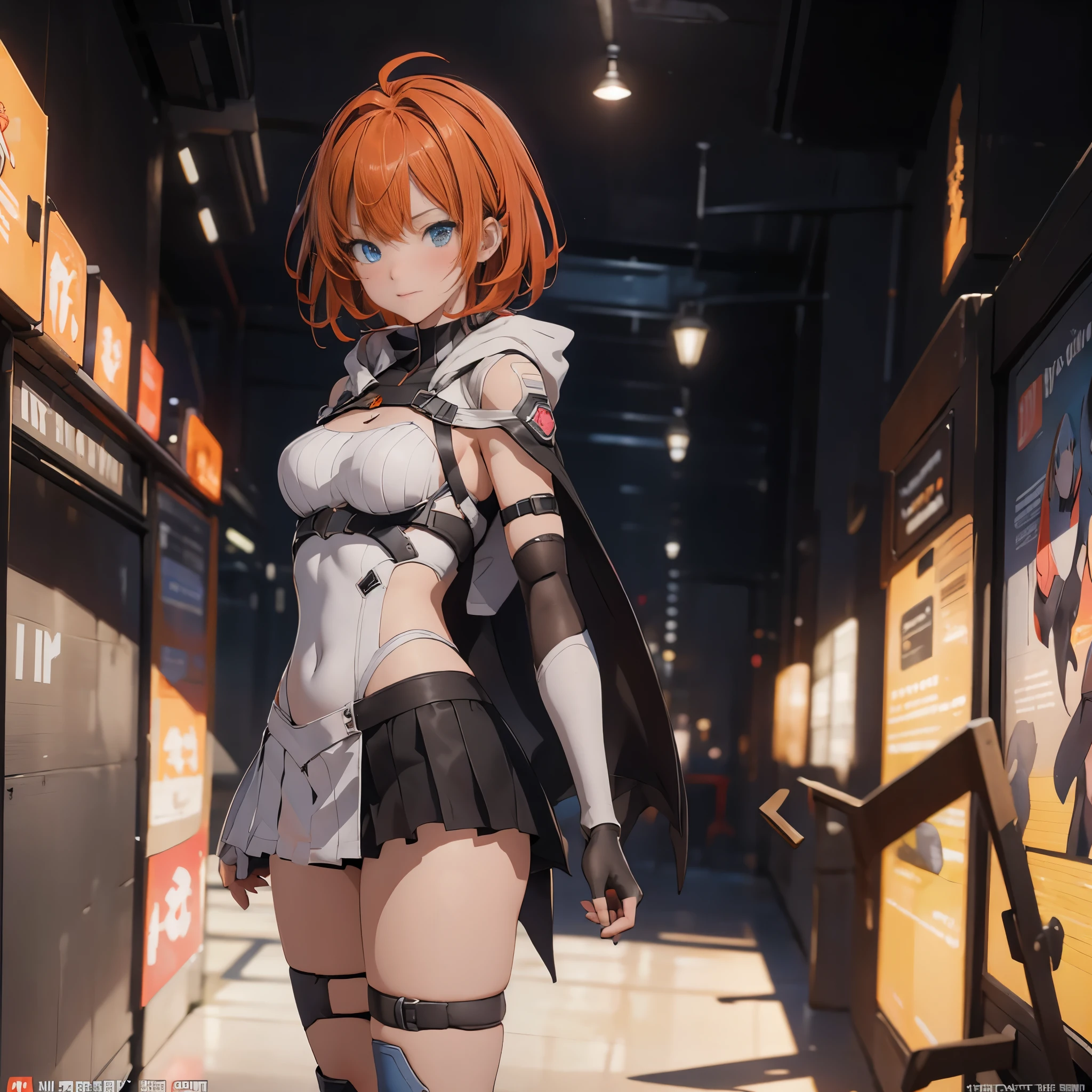 The alone young girl , High detail mature face, Orange Short Hair , Blue Eye , Exposed Chest , Black Cloak , White Chest Binder , White Hood ,Short Skirt , Gloves, Left Leg Knee Sock , Boots, high res, ultra sharp, She stands confidently in the center of the poster，Wear fashion-forward cyborg-futuristic outfits，a determined expression on her face, sci-fi city, The background  dark and gritty，There  a sense of danger and a strong feeling。The text  bold and eye-catching，With catchy slogans，Adds to the overall drama and excitement。The color palette  dominated by dark colors，Dotted with bright colorake the poster dynamic and visually strikinagazines:1.3), (Cover-style:1.3), Fashion, vibrant, Outfit, posing on a, Front, rich colorful，Background with，element in，self-assured，Expressing the，halter，statement，Attachment，A majestic，coil，Runt，Touching pubic area，Scenes，text，Cover of a，boldness，attention-grabbing，titleashion，typeface，，Best quality at best，Hyper-detailing，8K ，hyper HD