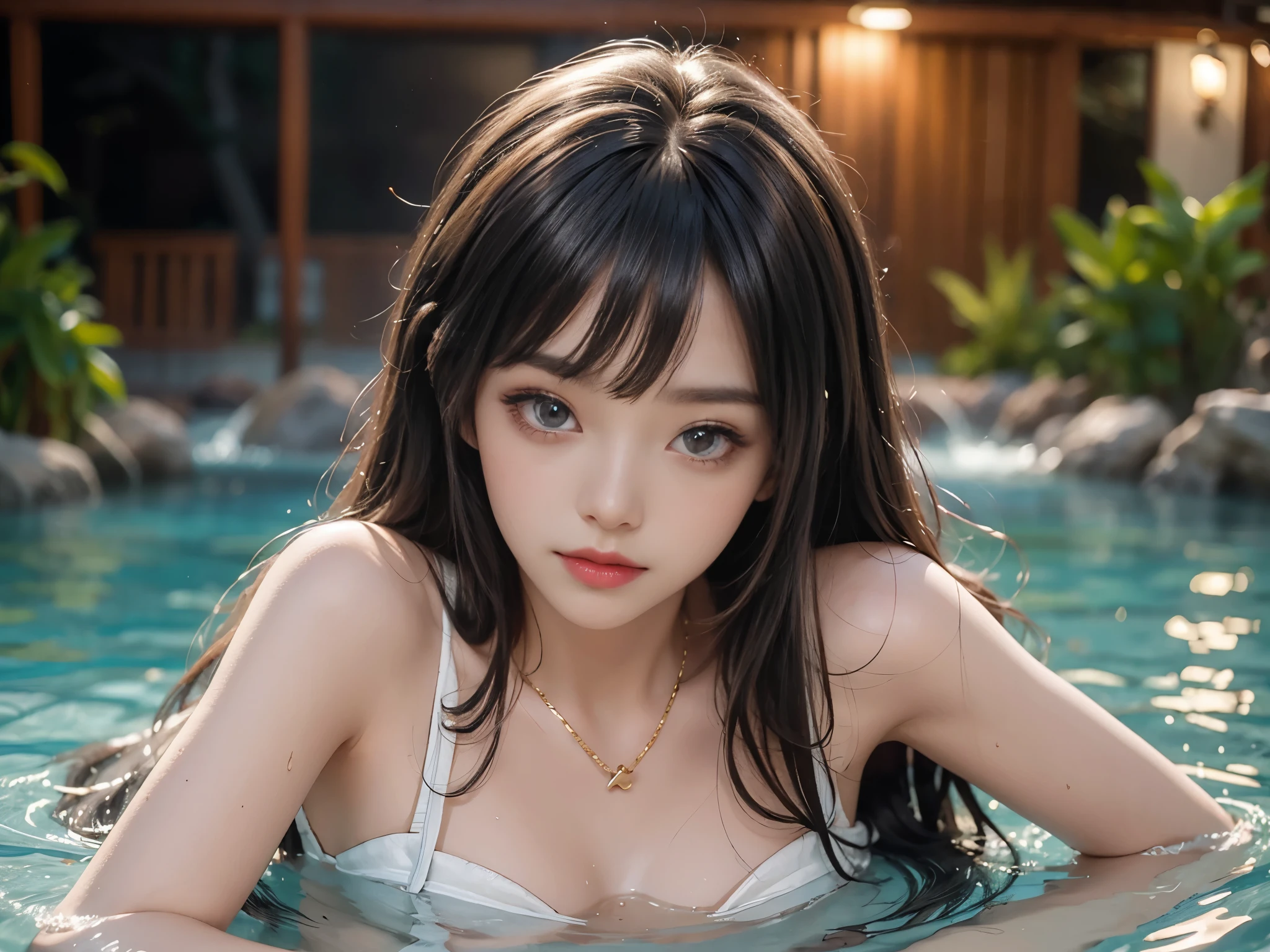 ((full body)), ((Long-range shots)), beautiful legs, slender legs, Openair Onsen, Playing in the hot springs, lying down, lying in a hot spring, Soaked all over, (night, moonlight), (top quality, 8k, masterpiece: 1.3), beautiful woman with perfect body: 1.4, dark brown hair, Wear a pendant, Highly detailed face and skin, delicate eyes, double eyelids, best quality, masterpiece, (lifelike: 1.4), a woman, golden ratio, perfect face, slim body, pretty face, bright smile, Gloss, emphasize, Gloss, Bangs, Refreshing charm, elegant, shining, elegant姿势, masterpiece, best quality, (fidelity, fidelity: 1.37), 8k, very delicate and beautiful, amazing, Exquisite details, ridiculous, File size is huge, Very detailed, beautiful and delicate woman, Very detailed eyes and face, 美丽delicate eyes, transparent double, big eyes, There is light on the face, a woman, (perfect female figure), thin waist, Feminine Expressions, overwhelming charm, Gloss on skin, Gloss on face, Gloss on chest