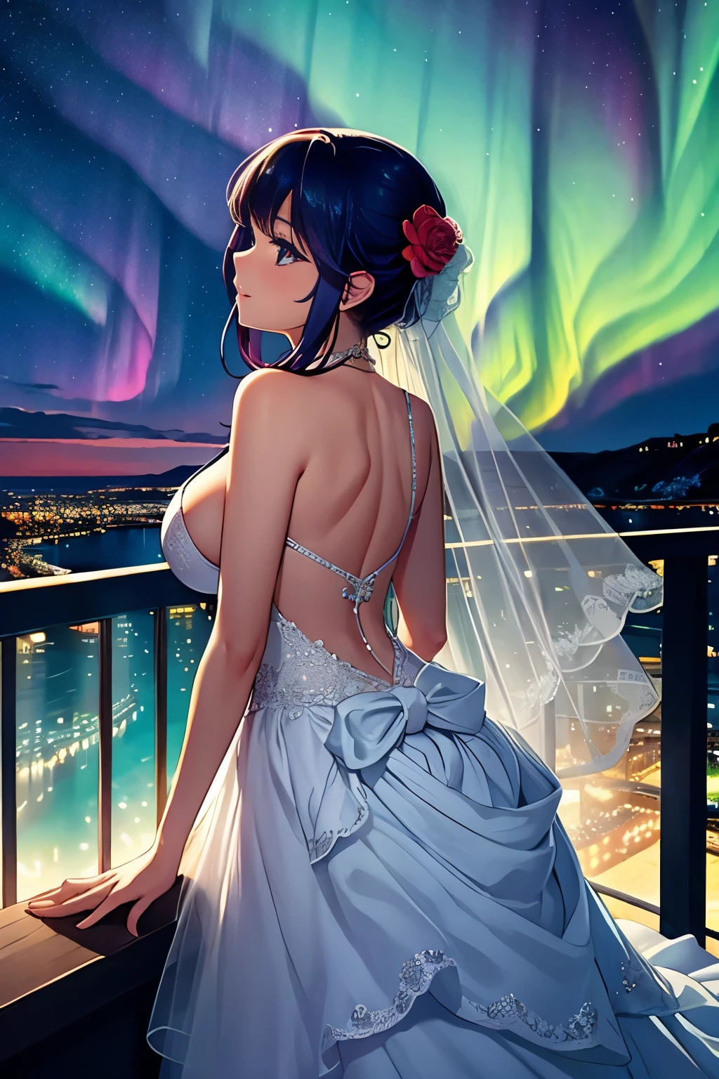 , excited, vivid colors, hotel balcony at night, leaning over balcony, leaning, body view, huge breasts, starry sky, aurora borealis, wedding dress