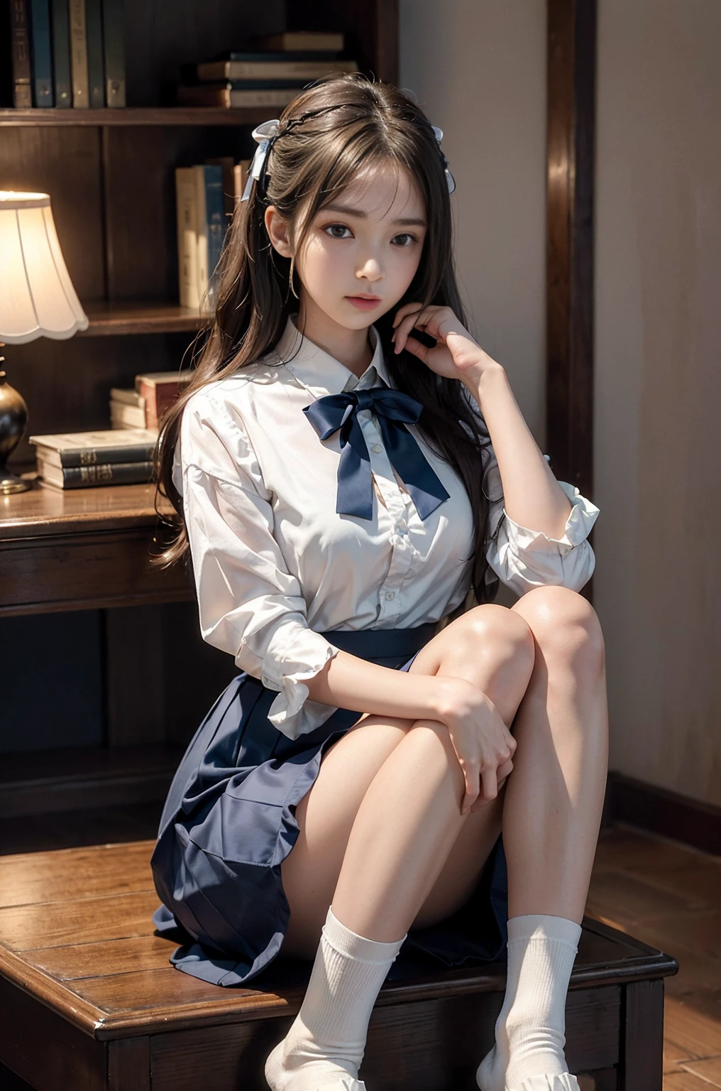 20 year old woman, (high top faded: 1.3), (low(low)), (soft focus), HD, masterpiece, HD, HD, 4K, 超HD, Very realistic shadows, Surrealism, 戏剧性的lamp光, a girl, alone, Detailed face, lifelike眼睛, lifelike皮肤, dynamic hair, dynamic poses, dynamic angle, (White shirt), (dark blue bow tie) , (((Dark blue long skirt)))), ((White hem socks))), library background, (original photo: 1.2), (lifelike: 1.4), beautiful and delicate woman, Extremely detailed eyes and face, beautiful and delicate eyes, File size is large, 一个Very detailed的, high resolution, Very detailed, best quality, (bright interior), (soft light), (low对比度), ( See deeply), (Portrait of a beautiful woman illuminated by soft light), (Very delicate and elegant depiction), (short bangs), (Head color is dark chestnut，Slightly brownish), (Subtle and silky waves), (long hair两侧错综复杂地编织小辫子), ((White hem socks))), illustration, Very detailed, BAPV, unity, 8k wallpaper, amazing, Exquisite details, best quality, Highly detailed integrated 8K wallpapers so far this year, Coordinating Minister, lamp, 1 girl, 25 years old, (((No)), (camel toe), (half), (Sit on bent knees and legs)), long hair, dark theme, soothing tone, pastel colors, high contrast, (natural skin texture, Surrealism, soft light, No耐烦), Capturing the serene beauty of a young woman immersed in the peaceful atmosphere of a library.. Soft diffused light gently illuminates her features., It emphasizes her sophisticated look and creates a calm atmosphere. Library shelves filled with books，Provide background on knowledge and wisdom. It focuses on capturing models&#39;Natural charm and elegance, Stay calm and considerate the essence of the moment. Cute 21 year old Japanese gravure model，Soft body, gray brown wavy hair, Decorate with ribbon, charming appearance. She wears a frilly white blouse, Blue ruffled skirt and white ruffled socks. sitting on bed, She hugged her knees，Staring at the camera, Exudes melancholy charm. Create scenes where beauty and ephemerality intertwine, national foundation