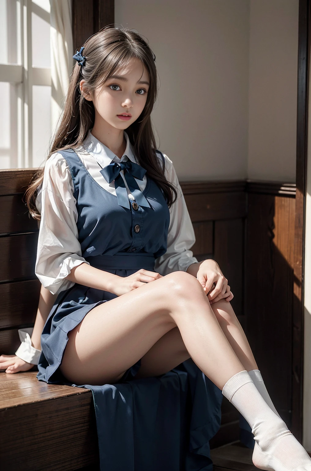 20 year old woman, (high top faded: 1.3), (low(low)), (soft focus), HD, masterpiece, HD, HD, 4K, 超HD, Very realistic shadows, Surrealism, 戏剧性的lamp光, a girl, alone, Detailed face, lifelike眼睛, lifelike皮肤, dynamic hair, dynamic poses, dynamic angle, (White shirt), (dark blue bow tie) , (((Dark blue long skirt)))), ((White hem socks))), library background, (original photo: 1.2), (lifelike: 1.4), beautiful and delicate woman, Extremely detailed eyes and face, beautiful and delicate eyes, File size is large, 一个Very detailed的, high resolution, Very detailed, best quality, (bright interior), (soft light), (low对比度), ( See deeply), (Portrait of a beautiful woman illuminated by soft light), (Very delicate and elegant depiction), (short bangs), (Head color is dark chestnut，Slightly brownish), (Subtle and silky waves), (long hair两侧错综复杂地编织小辫子), ((White hem socks))), illustration, Very detailed, BAPV, unity, 8k wallpaper, amazing, Exquisite details, best quality, Highly detailed integrated 8K wallpapers so far this year, Coordinating Minister, lamp, 1 girl, 25 years old, (((No)), (?????????), (half), (Sit on bent knees and legs)), long hair, dark theme, soothing tone, pastel colors, high contrast, (natural skin texture, Surrealism, soft light, No耐烦), Capturing the serene beauty of a young woman immersed in the peaceful atmosphere of a library.. Soft diffused light gently illuminates her features., It emphasizes her sophisticated look and creates a calm atmosphere. Library shelves filled with books，Provide background on knowledge and wisdom. It focuses on capturing models'Natural charm and elegance, Stay calm and considerate the essence of the moment. Cute 21 year old Japanese gravure model，Soft body, gray brown wavy hair, Decorate with ribbon, charming appearance. She wears a frilly white blouse, Blue ruffled skirt and white ruffled socks. sitting on bed, She hugged her knees，Staring at the camera, Exudes melancholy charm. Create scenes where beauty and ephemerality intertwine, national foundation