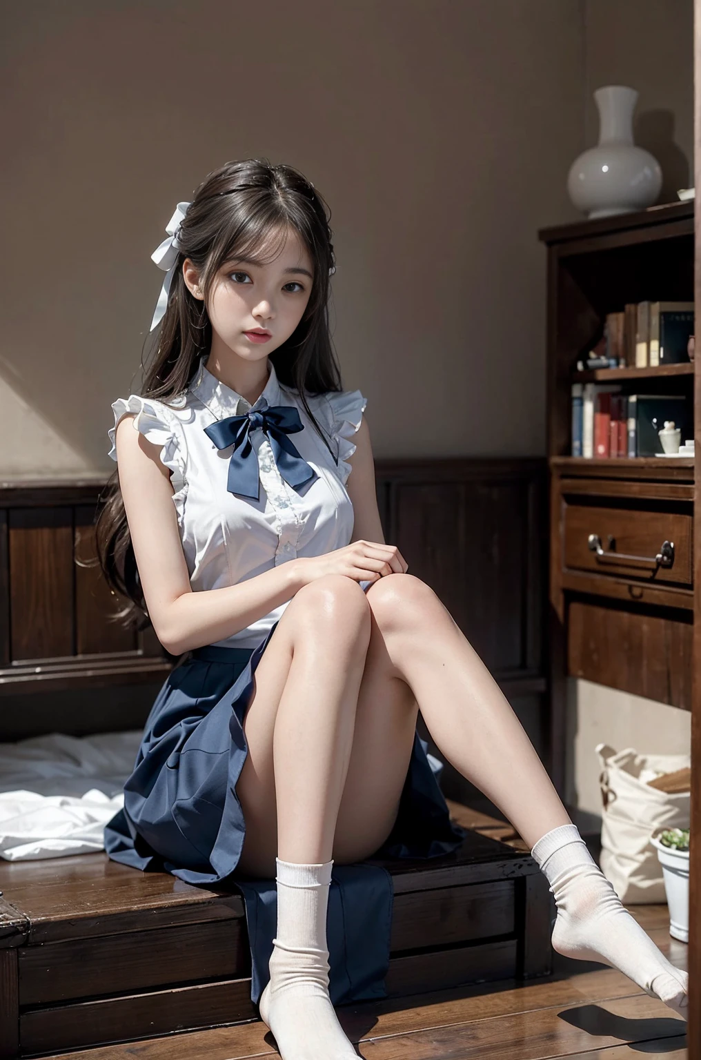 20 year old woman, (high top faded: 1.3), (low(low)), (soft focus), HD, masterpiece, HD, HD, 4K, 超HD, Very realistic shadows, Surrealism, 戏剧性的lamp光, a girl, alone, Detailed face, lifelike眼睛, lifelike皮肤, dynamic hair, dynamic poses, dynamic angle, (White shirt), (dark blue bow tie) , (((Dark blue long skirt)))), ((White hem socks))), library background, (original photo: 1.2), (lifelike: 1.4), beautiful and delicate woman, Extremely detailed eyes and face, beautiful and delicate eyes, File size is large, 一个Very detailed的, high resolution, Very detailed, best quality, (bright interior), (soft light), (low对比度), ( See deeply), (Portrait of a beautiful woman illuminated by soft light), (Very delicate and elegant depiction), (short bangs), (Head color is dark chestnut,Slightly brownish), (Subtle and silky waves), (long hair两侧错综复杂地编织小辫子), ((White hem socks))), illustration, Very detailed, BAPV, unity, 8k wallpaper, amazing, Exquisite details, best quality, Highly detailed integrated 8K wallpapers so far this year, Coordinating Minister, lamp, 1 girl, 25 years old, (((No)), (camel toe), (half), (Sit on bent knees and legs)), long hair, dark theme, soothing tone, pastel colors, high contrast, (natural skin texture, Surrealism, soft light, No耐烦), Capturing the serene beauty of a young woman immersed in the peaceful atmosphere of a library.. Soft diffused light gently illuminates her features., It emphasizes her sophisticated look and creates a calm atmosphere. Library shelves filled with books,Provide background on knowledge and wisdom. It focuses on capturing models'Natural charm and elegance, Stay calm and considerate the essence of the moment. Cute 21 year old Japanese gravure model,Soft body, gray brown wavy hair, Decorate with ribbon, charming appearance. She wears a frilly white blouse, Blue ruffled skirt and white ruffled socks. sitting on bed, She hugged her knees,Staring at the camera, Exudes melancholy charm. Create scenes where beauty and ephemerality intertwine, national foundation