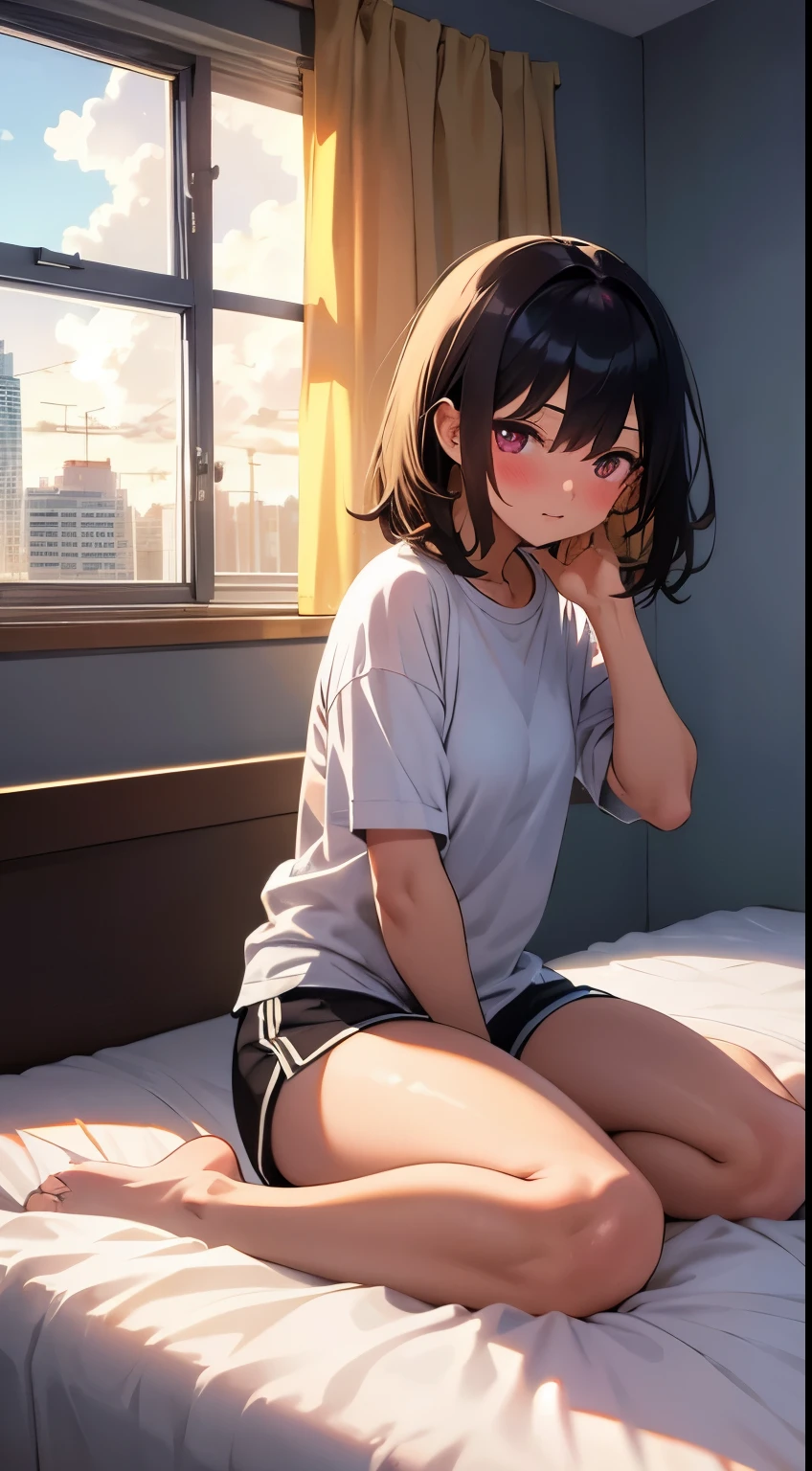 (ultra detailed,ultra high res,detailed background),hdr,chiaroscuro,pov,(bedroom),morning,(sunlight),window,closed curtains,cloudy sky,cityscape,floor,BREAK
1girl,black eye,medium hair,black hair,(messy sleeper),plate shorts,(sitting on bed),(waking up),full body,blush,BREAK