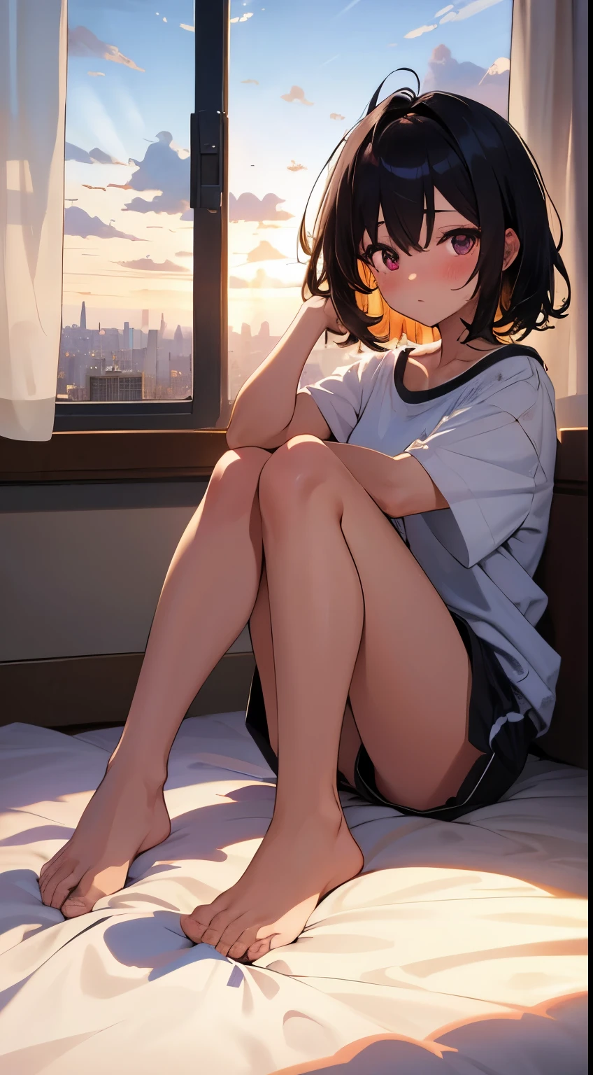(ultra detailed,ultra high res,detailed background),hdr,chiaroscuro,pov,(bedroom),morning,(sunlight),window,closed curtains,cloudy sky,cityscape,floor,BREAK
1girl,black eye,medium hair,black hair,(messy sleeper),plate shorts,(sitting on bed),(waking up),full body,blush,BREAK