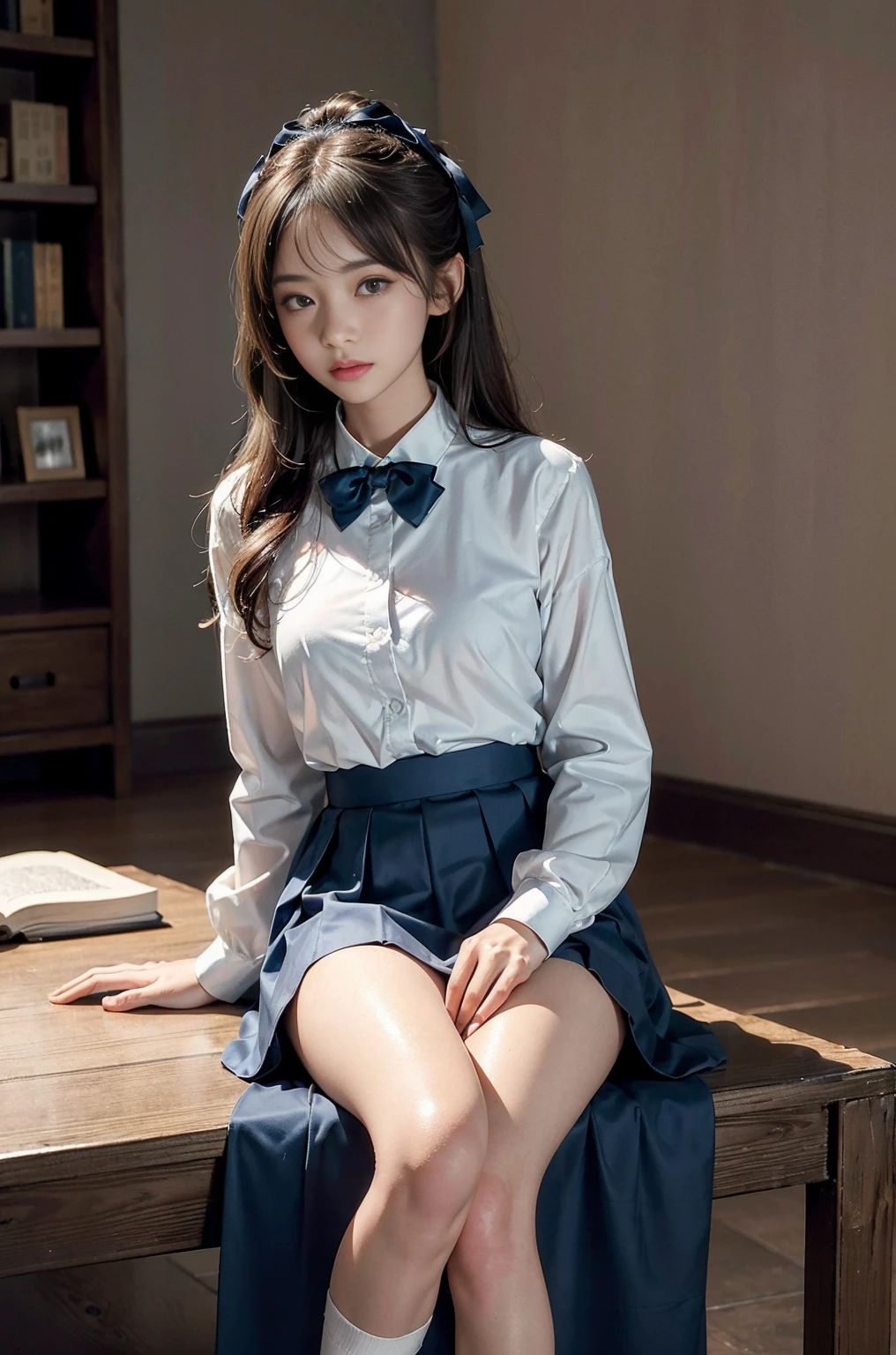 20 year old woman, (high top faded: 1.3), (low(low)), (soft focus), HD, masterpiece, HD, HD, 4K, 超HD, Very realistic shadows, Surrealism, 戏剧性的lamp光, a girl, alone, Detailed face, lifelike眼睛, lifelike皮肤, dynamic hair, dynamic poses, dynamic angle, (White shirt), (dark blue bow tie) , (((Dark blue long skirt)))), ((White hem socks))), library background, (original photo: 1.2), (lifelike: 1.4), beautiful and delicate woman, Extremely detailed eyes and face, beautiful and delicate eyes, File size is large, 一个Very detailed的, high resolution, Very detailed, best quality, (bright interior), (soft light), (low对比度), ( See deeply), (Portrait of a beautiful woman illuminated by soft light), (Very delicate and elegant depiction), (short bangs), (Head color is dark chestnut,Slightly brownish), (Subtle and silky waves), (long hair两侧错综复杂地编织小辫子), ((White hem socks))), illustration, Very detailed, BAPV, unity, 8k wallpaper, amazing, Exquisite details, best quality, Highly detailed integrated 8K wallpapers so far this year, Coordinating Minister, lamp, 1 girl, 25 years old, (((No)), (camel toe), (half), (Sit on bent knees and legs)), long hair, dark theme, soothing tone, pastel colors, high contrast, (natural skin texture, Surrealism, soft light, No耐烦), Capturing the serene beauty of a young woman immersed in the peaceful atmosphere of a library.. Soft diffused light gently illuminates her features., It emphasizes her sophisticated look and creates a calm atmosphere. Library shelves filled with books,Provide background on knowledge and wisdom. It focuses on capturing models'Natural charm and elegance, Stay calm and considerate the essence of the moment. Cute 21 year old Japanese gravure model,Soft body, gray brown wavy hair, Decorate with ribbon, charming appearance. She wears a frilly white blouse, Blue ruffled skirt and white ruffled socks. sitting on bed, She hugged her knees,Staring at the camera, Exudes melancholy charm. Create scenes where beauty and ephemerality intertwine, national foundation