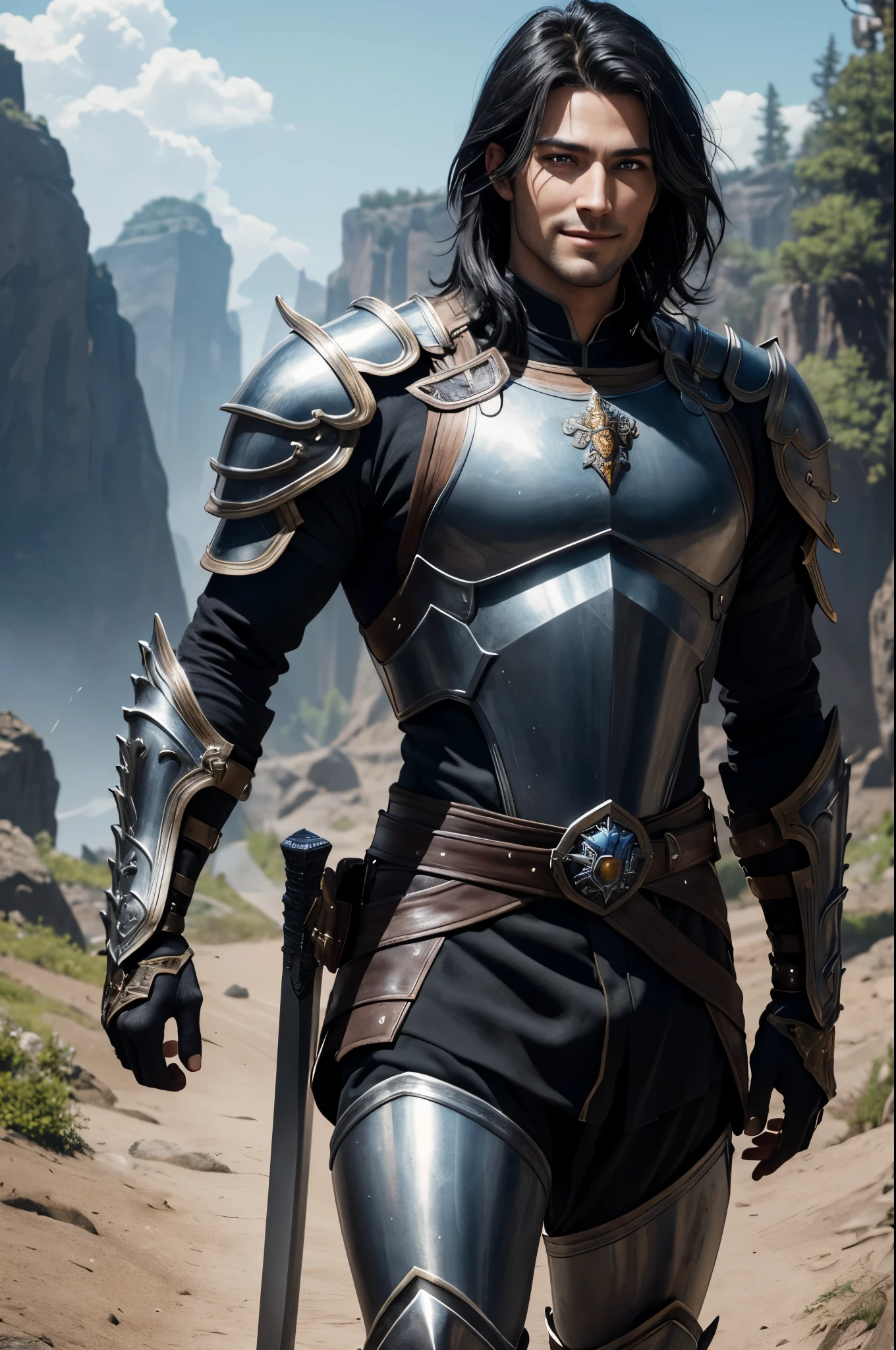 K,Photoreal,Raw photo(highest quality;1.4) ,(1 adult male),super handsome(lifelike face),black hair medium long,handsome prince with blue eyes,Black and brown armor,black and silver pants,Equipped with a long and large sword on the waist,Wearing black leather gloves,Remains,Gweitz style,realistic,exact details,unreal engine,beautiful expression,Details of each part,Super high resolution.超realistic,attractive,foot armor,skin that looks real,Fantasy Emperor.ultra high resolution,Super realistic,fantasy art,character art,wilderness,toothy smile,muscular and well-trained body,