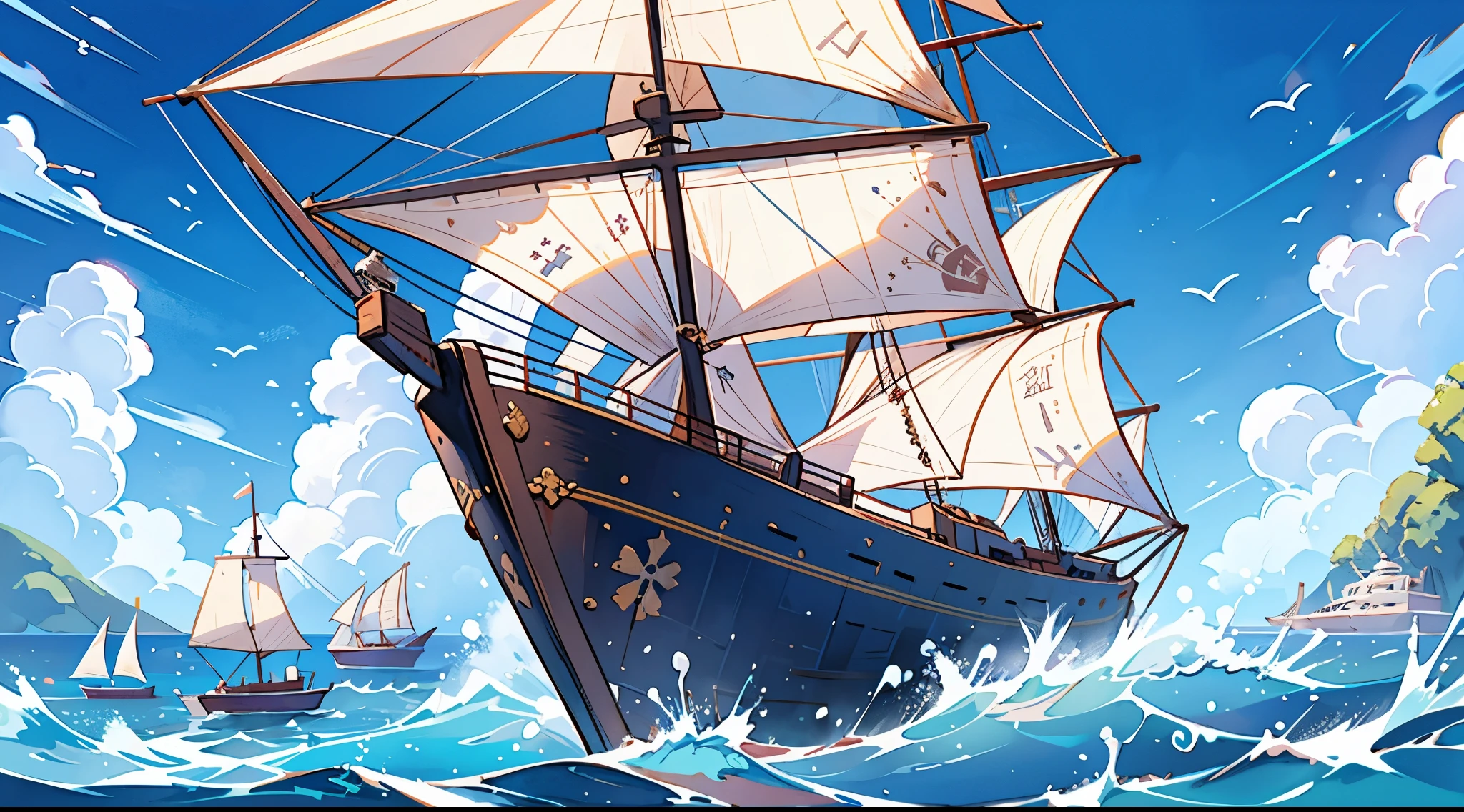 A girl posing cutely in front of a large sailing ship、Bokeh effect strong、Blue sky、cloud、Ocean