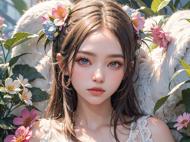 delicate, masterpiece, beautiful detailed, colorful, finely detailed, (50mm Sigma f/1.4 ZEISS lens, F1.4, 1/800s, ISO 100, fotograpy:1.1), lens flare, (photorealistic:1.1), detailed lips, intricate details, 1girl, solo, (a beautiful 8-year-old child), dark hair, (angel wings:1.4), (white wings:1.2), (symmetrical wings: 1.5), (jewelry:1.5), (necklace:1.2), (diamond:1.3), bracelet,  earrings, choker, (white thighs:1.2), (looking at the viewer:1.2), sexy pose, erotic pose, front view, (innocent smile:1.3), (covered, (on a field background of flowers:1.5), sky, (detailed background), (blurred background:0.8), (white flower:1.3), (pureerosface_v1:0.85), --auto --s2