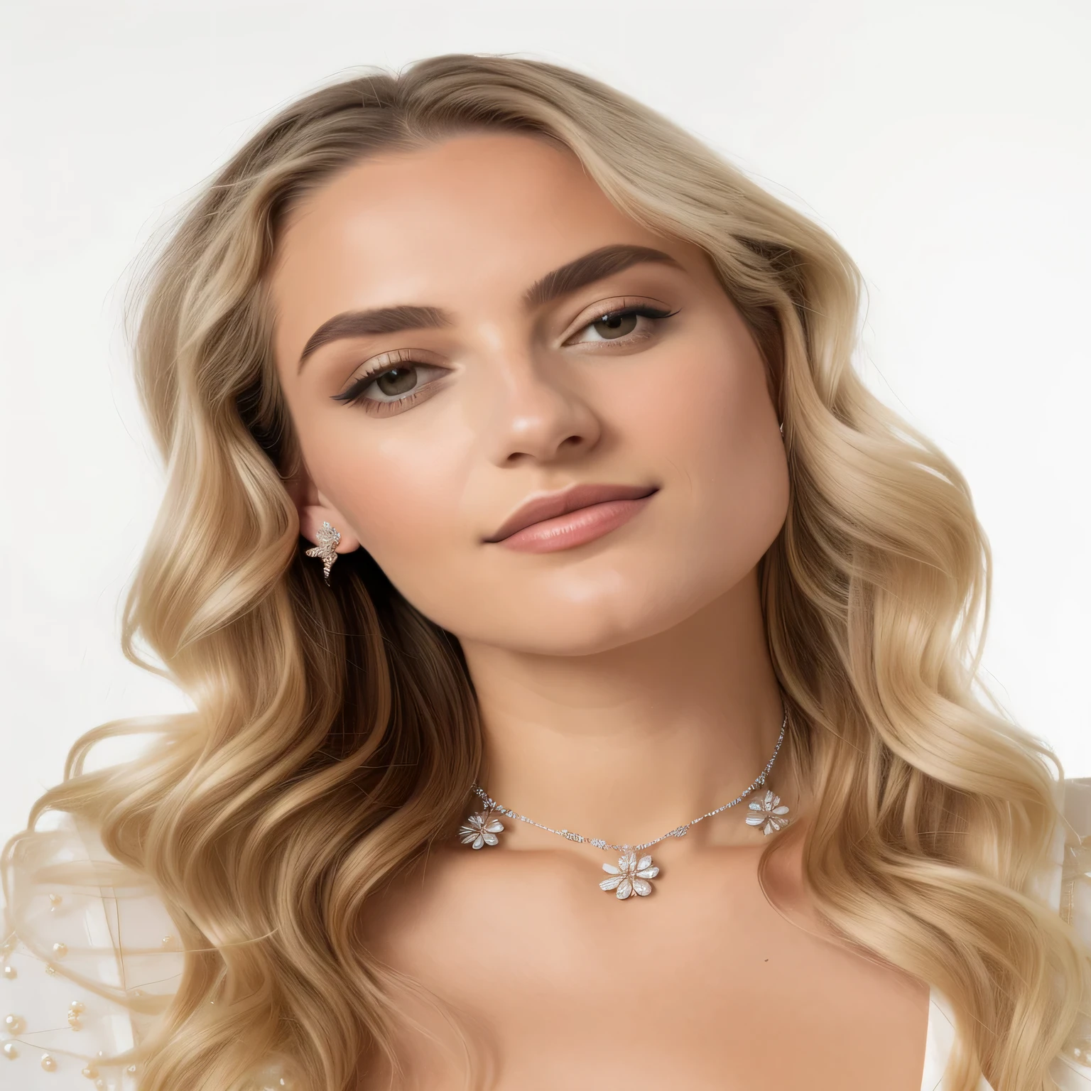 a woman wearing a necklace and earrings with a flower design, hints of silver jewelry, inspired by Evert Collier, sparkels, inspired by Károly Lotz, with small studded earings, opulent pearl necklace, luxurious neckless, silver necklace, chaumet style, inspired by Adrienn Henczné Deák, featuring rhodium wires