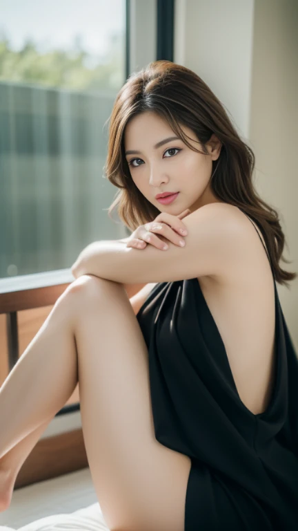 dark brown hair、Light brown eyes、Japanese actress、I am about 40 years old...、Saint-Tropezにあるテラスレストランで、Spectacular views、In nature、Terrace seats、背景にはSaint-TropezのSpectacular viewsが広がる、A dress with a resort feel、Halter neck、Beautiful legs、Night view、Deep sorrow、Feeling weak、Debilitated pose、Deep sorrowの表現、Saint-Tropez、Leaning against the wall、
