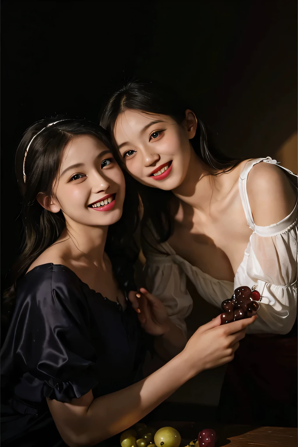fruits,Grapes,Rosa,antique,A smile,,Sweet and seductive appearance.、Caravaggio's paintings、Chiaroscuro of Caravaggio,Two women frolicking,Cute smile, Expression of ecstasy