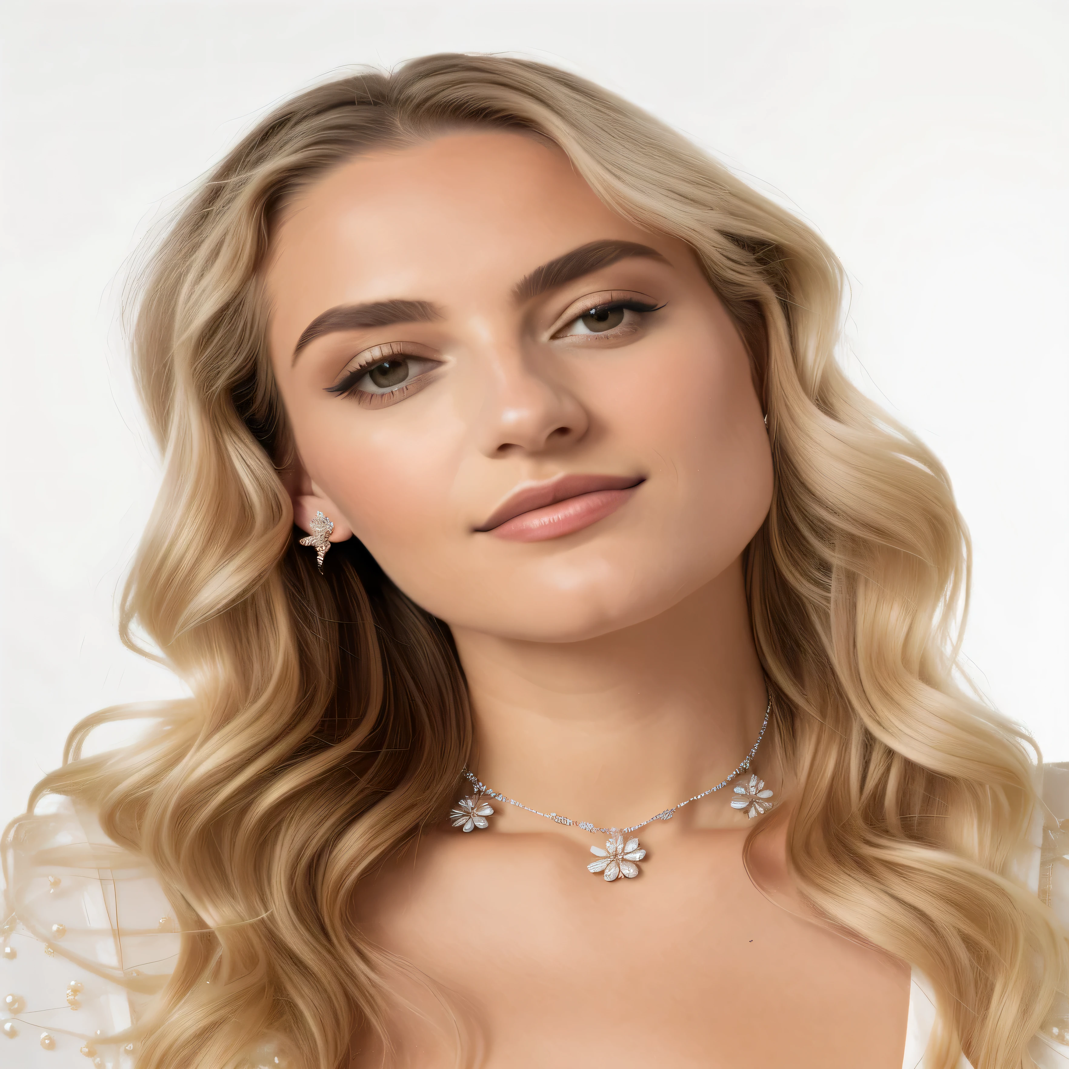 a woman wearing a necklace and earrings with a flower design, hints of silver jewelry, inspired by Evert Collier, sparkels, inspired by Károly Lotz, with small studded earings, opulent pearl necklace, luxurious neckless, silver necklace, chaumet style, inspired by Adrienn Henczné Deák, featuring rhodium wires