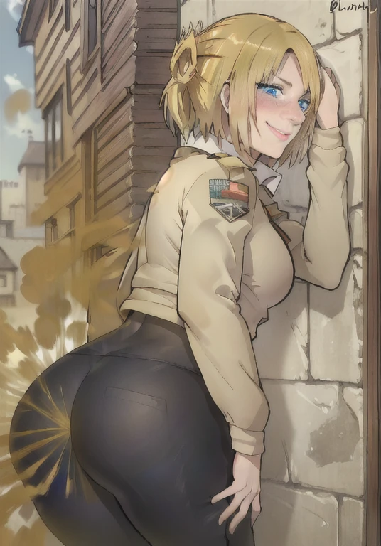 ((annie)),((velocity)),Attacked by farts, (((Women stand)),velocity, blue eyes,detailed eyes),(frowned),her butt facing screen,classic city streets)),((One Woman)),((girl wear a scout regiment outfit and legging),((A girl smells a fart and smiled shyly )),((fart while stand)),((blushing)),(masterpiece:1.2、top-quality)、(the Extremely Detailed CG Unity 8K Wallpapers、ultra-detailliert、Best Shadows)、(细致背景)、(The best lighting、extremely delicate and beautiful)、depth of fields、1girl in、独奏 ,Women,((((Girl is embarassed when she farting)))),(profile facing diagonally)))),((i'I closed my mouth with hand feel embarassed...)),(()),((embarassing look)),((massive fart))
