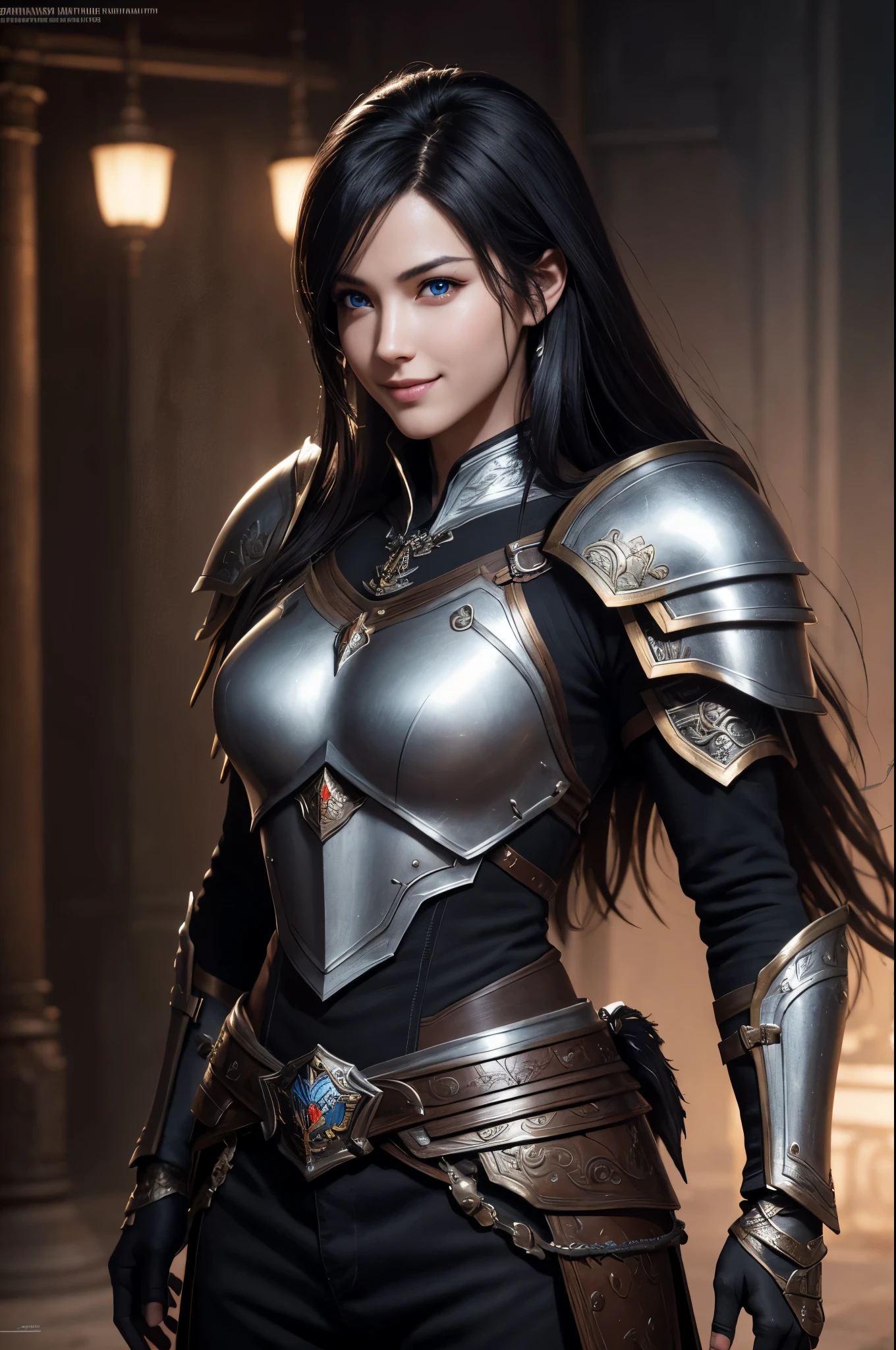 K,Photoreal,Raw photo(highest quality;1.4) ,(1 adult male),super handsome(lifelike face),black hair medium long,handsome prince with blue eyes,Black and brown armor,black and silver pants,Equipped with a long and large sword on the waist,Wearing black leather gloves,Remains,Gweitz style,realistic,exact details,unreal engine,beautiful expression,Details of each part,Super high resolution.超realistic,attractive,foot armor,skin that looks real,Fantasy Emperor.ultra high resolution,Super realistic,fantasy art,character art,wilderness,toothy smile,muscular and well-trained body,