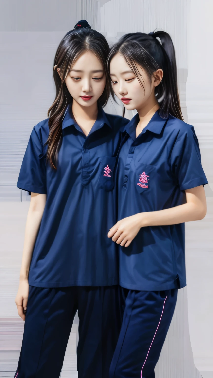 2 girls in the piano room, Navy blue short-sleeved shirt,Navy Long Trackpant,Sweatpants, Sweatpantsขายาว,25 year old girl