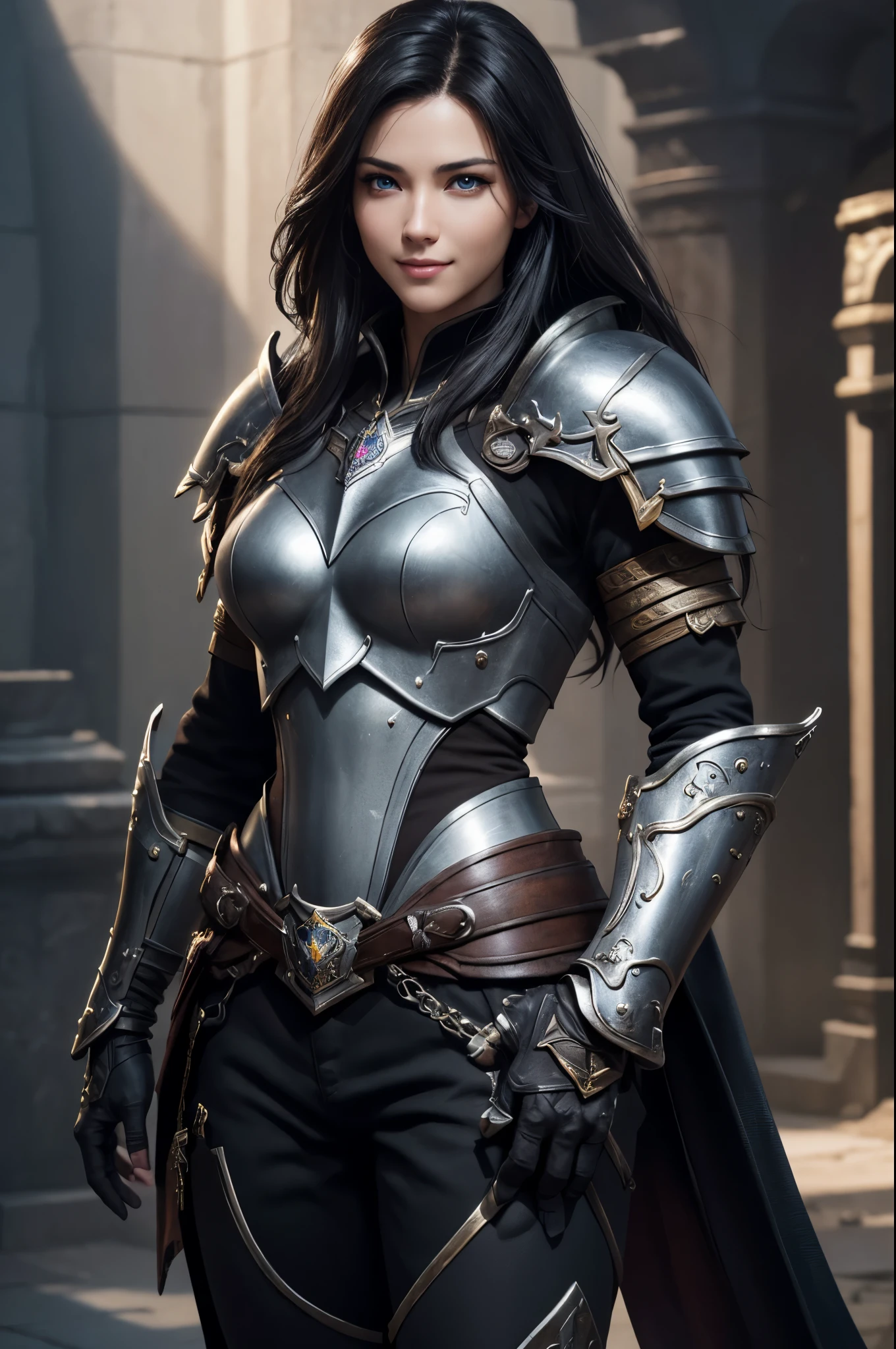 K,Photoreal,Raw photo(highest quality;1.4) ,(1 adult male),super handsome(lifelike face),black hair medium long,handsome prince with blue eyes,Black and brown armor,black and silver pants,Equipped with a long and large sword on the waist,Wearing black leather gloves,Remains,Gweitz style,realistic,exact details,unreal engine,beautiful expression,Details of each part,Super high resolution.超realistic,attractive,foot armor,skin that looks real,Fantasy Emperor.ultra high resolution,Super realistic,fantasy art,character art,wilderness,toothy smile,muscular and well-trained body,
