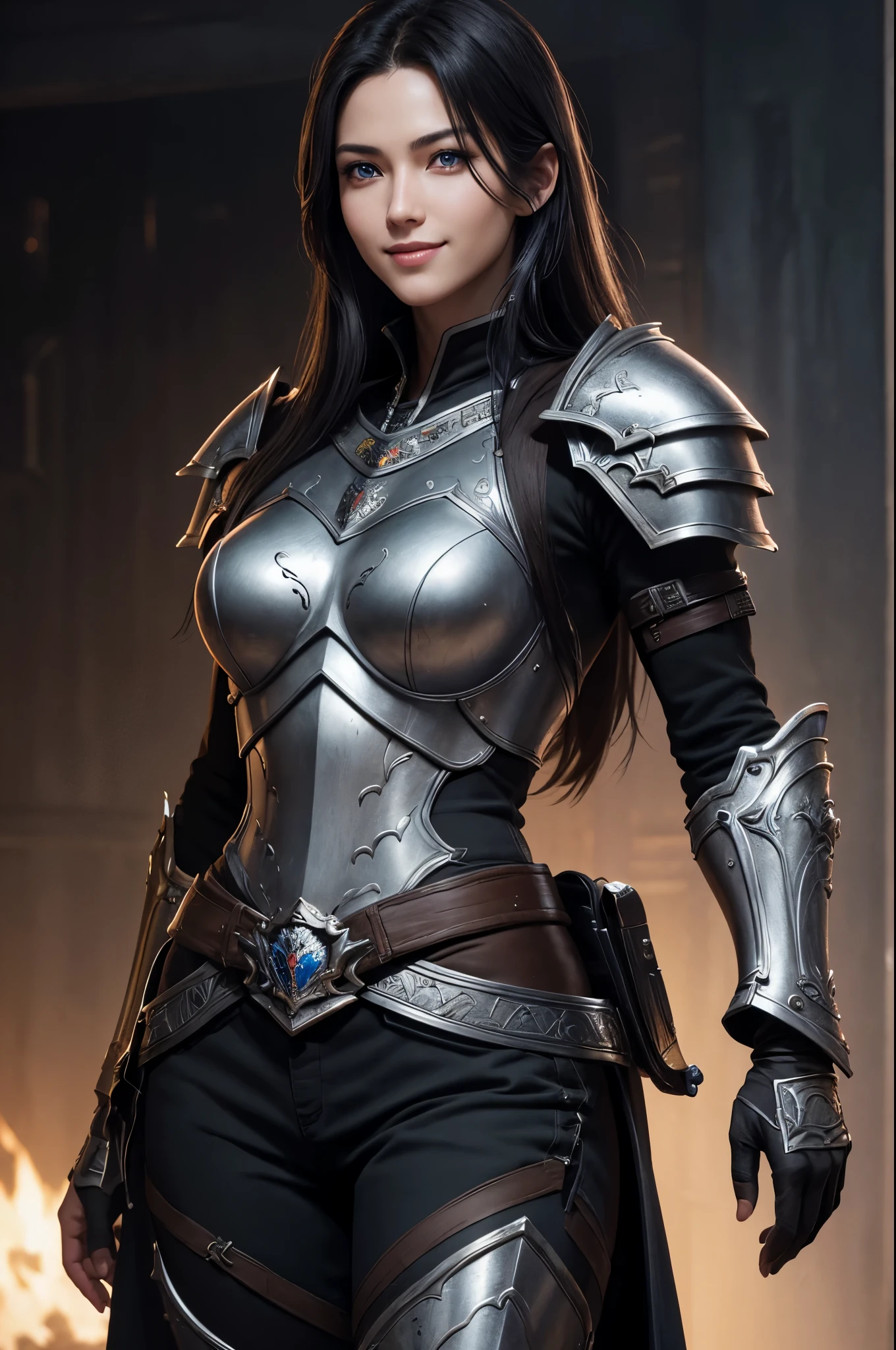 K,Photoreal,Raw photo(highest quality;1.4) ,(1 adult male),super handsome(lifelike face),black hair medium long,handsome prince with blue eyes,Black and brown armor,black and silver pants,Equipped with a long and large sword on the waist,Wearing black leather gloves,Remains,Gweitz style,realistic,exact details,unreal engine,beautiful expression,Details of each part,Super high resolution.超realistic,attractive,foot armor,skin that looks real,Fantasy Emperor.ultra high resolution,Super realistic,fantasy art,character art,wilderness,toothy smile,muscular and well-trained body,