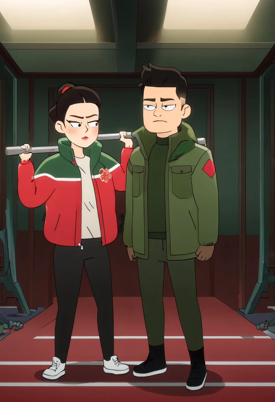 Chinese tall boy and chubby girl couple are lifting barbells,Wearing the Northeast red flower cotton-padded jacket and green military coat that will be popular in 2023