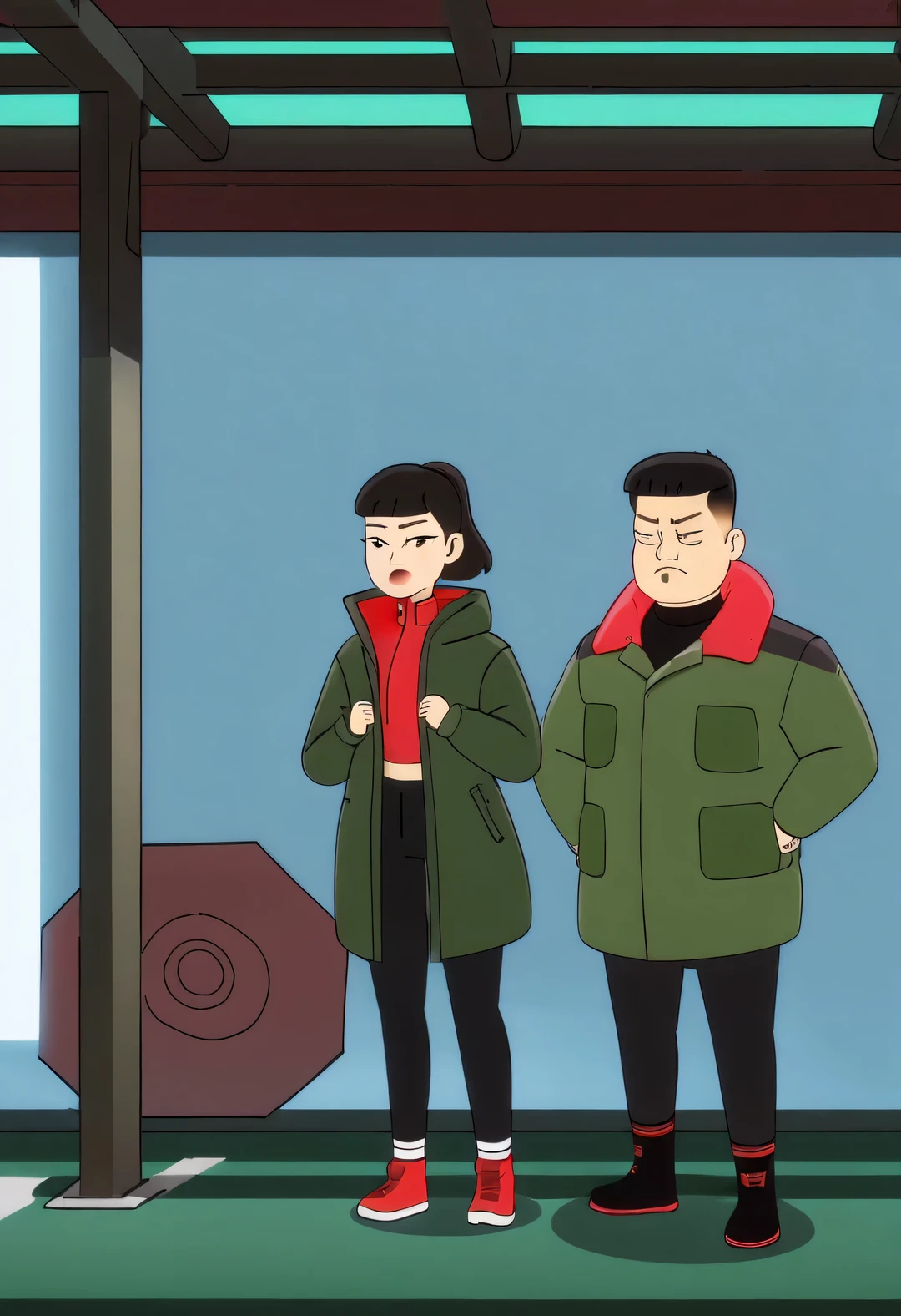 Chinese tall boy and chubby girl couple are lifting barbells,Wearing the Northeast red flower cotton-padded jacket and green military coat that will be popular in 2023