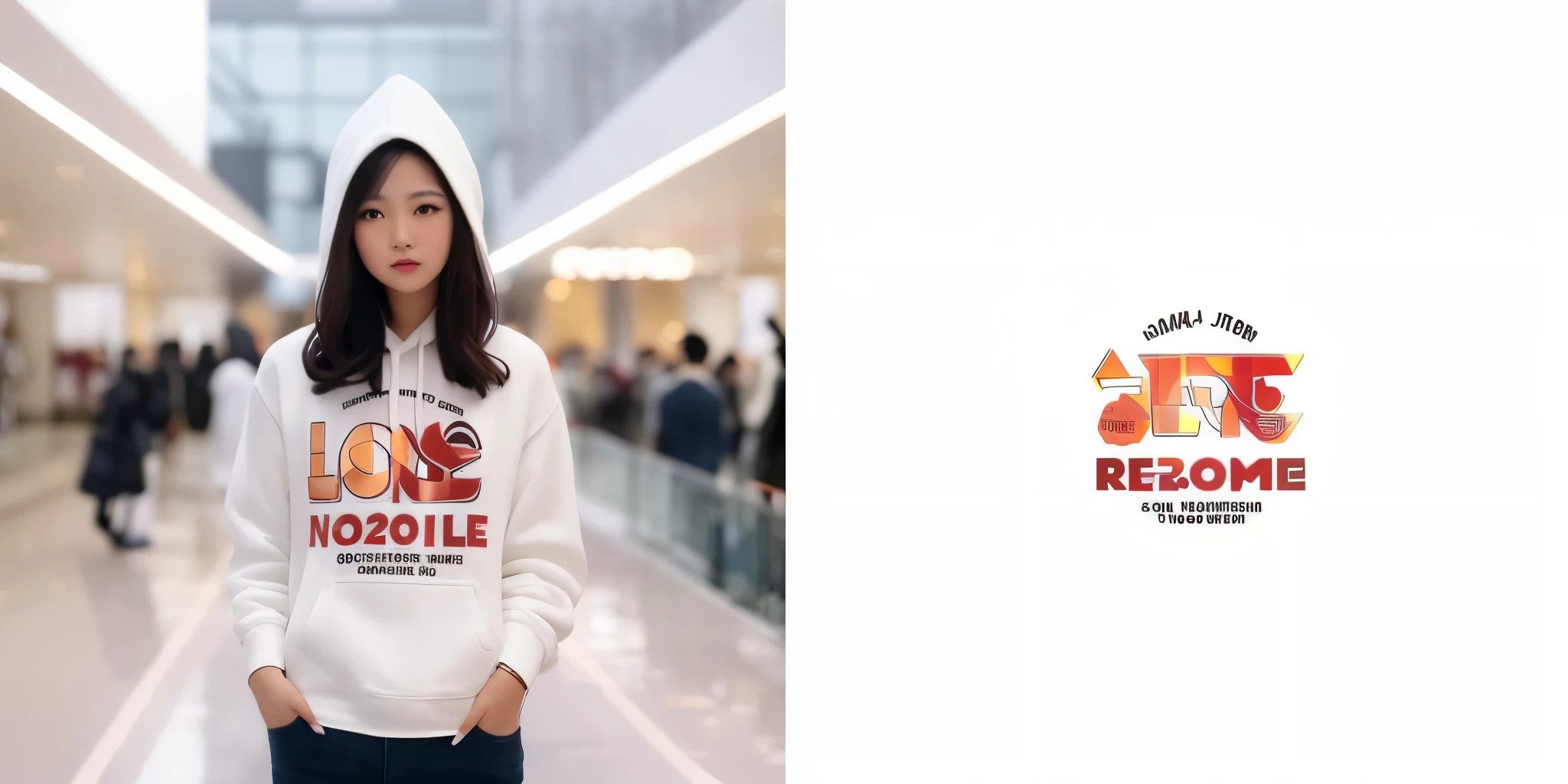 A stylish young Asian woman wearing a white hoodie,(The hoodie has a pattern printed on the front),Show full body shot against shopping mall background,32k uhd,The right side is a display of the pattern.,flat illustration,The pattern is the same as the one on the hoodie