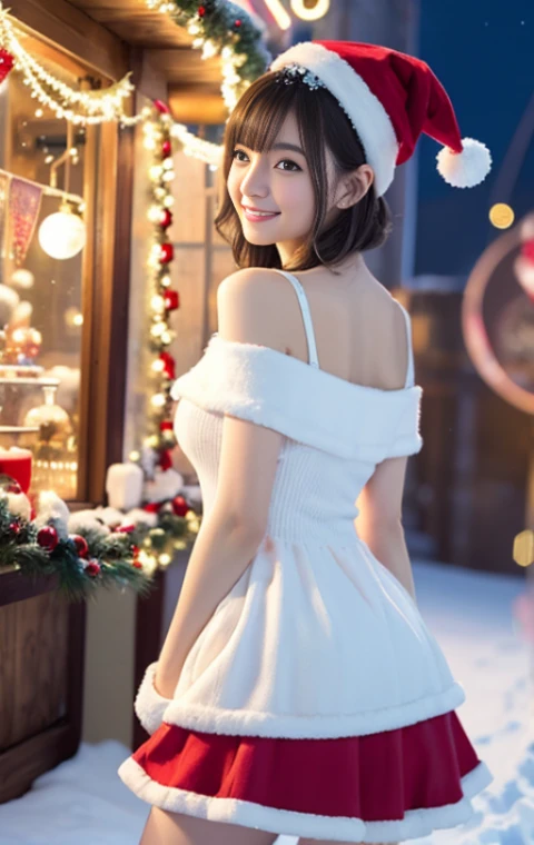 (highest quality,4K,8K,High resolution,table top:1.2),super detailed,(realistic,realistic,Photoreal:1.37),young girl in santa claus costume,short hair,soft smile,off shoulder,highest qualityの素材,festival atmosphere,warm and cozy room,twinkling christmas lights,decorated christmas tree,colorful presents,sparkling snowflakes,delicate ornaments,expression of joy,beautifully wrapped gift,magical atmosphere,snow-covered window,red santa hat,innocent and pure,playful and cheerful,rooftop background,excitement in the air,holiday spirit,festival decorations,Bright colors,peaceful and calm,expectations,magic unicorn toy,adorable and adorable,attractive and lively,heartwarming scene,unforgettable holiday memories、Rear view、look back、back、I keep my hair up and short、short hair、thighs thighs thighs、sexy pose、mini skirt